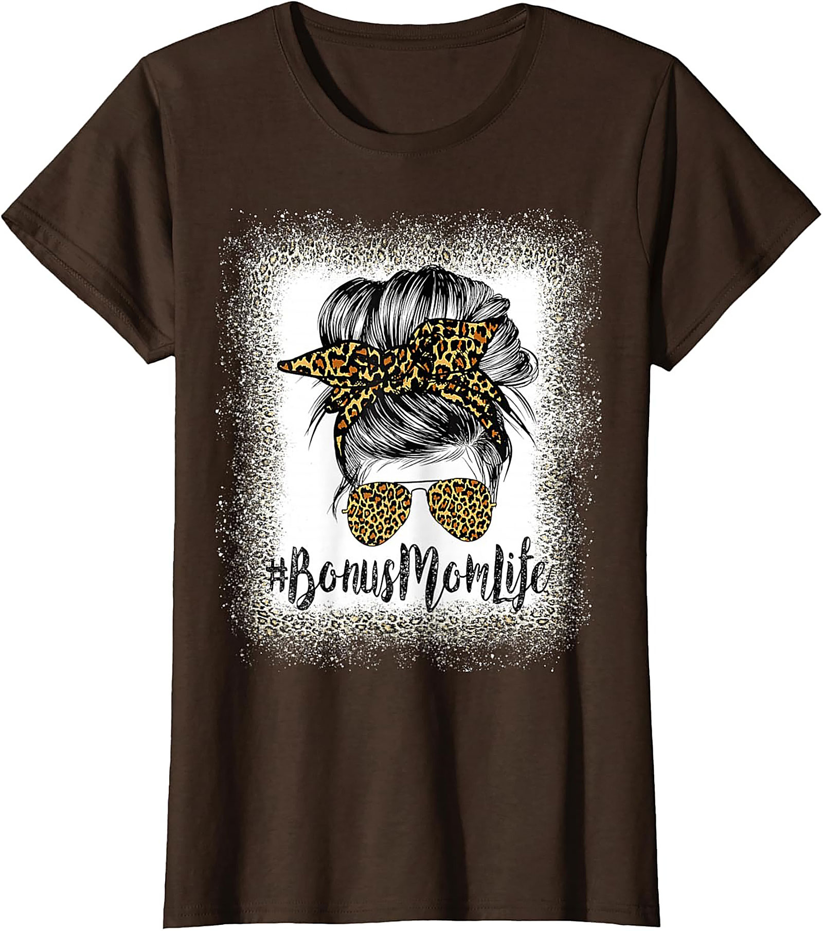 Bonus Mom T-shirt Leopard Print Messy Bun Stepmom Tee