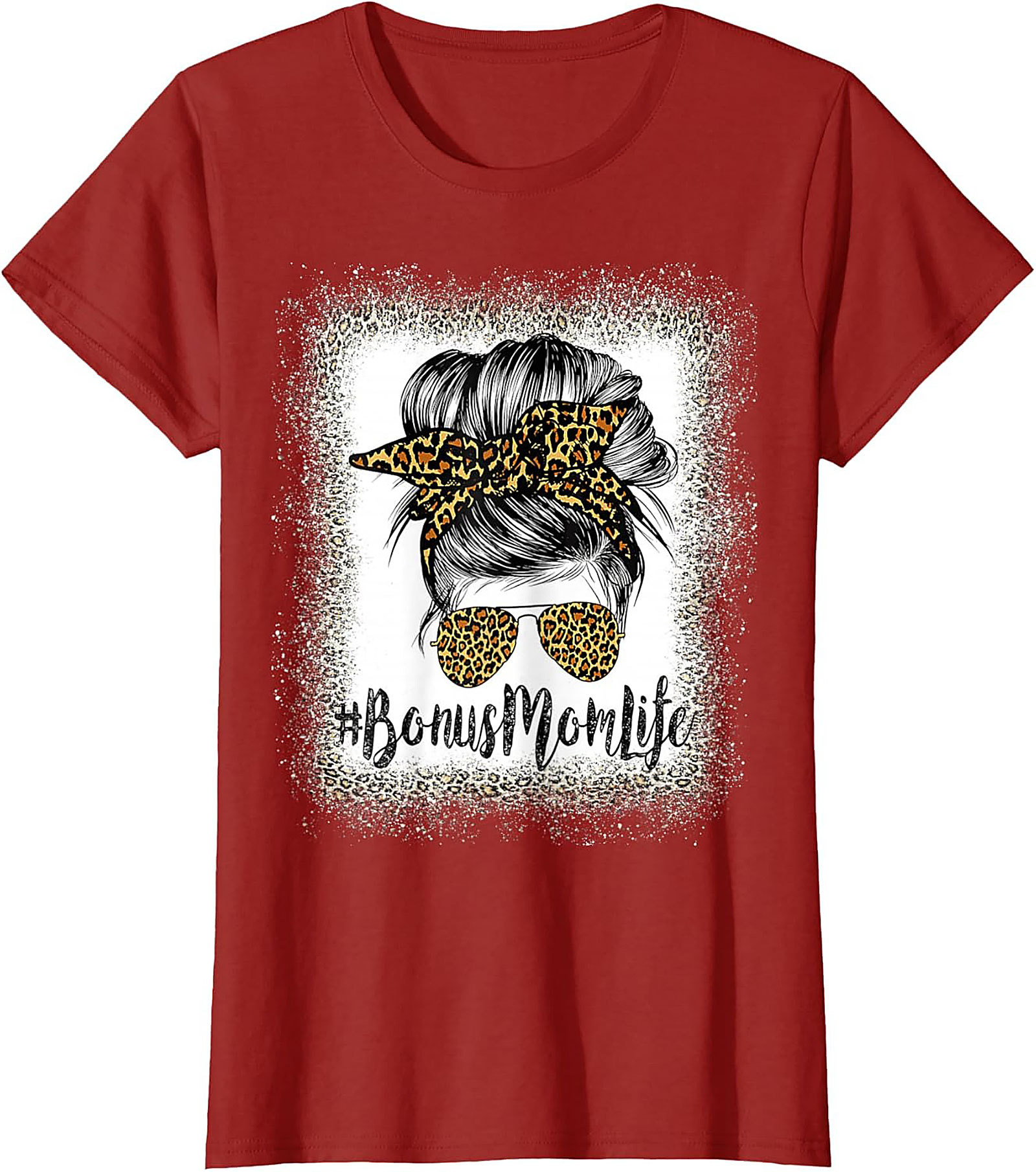 Bonus Mom T-shirt Leopard Print Messy Bun Stepmom Tee