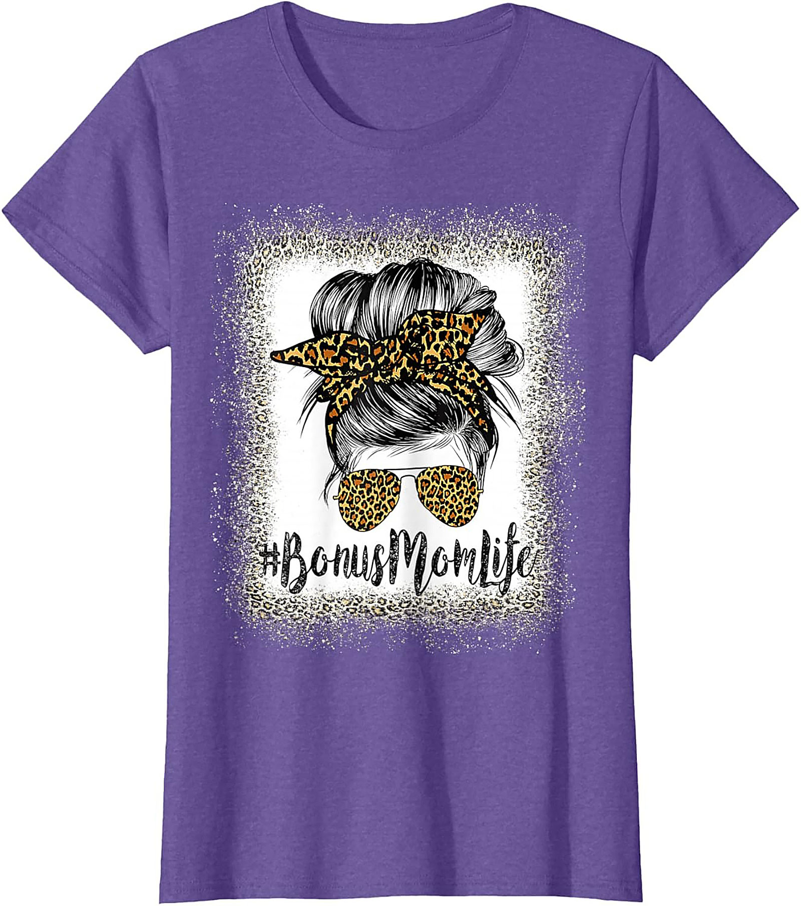Bonus Mom T-shirt Leopard Print Messy Bun Stepmom Tee