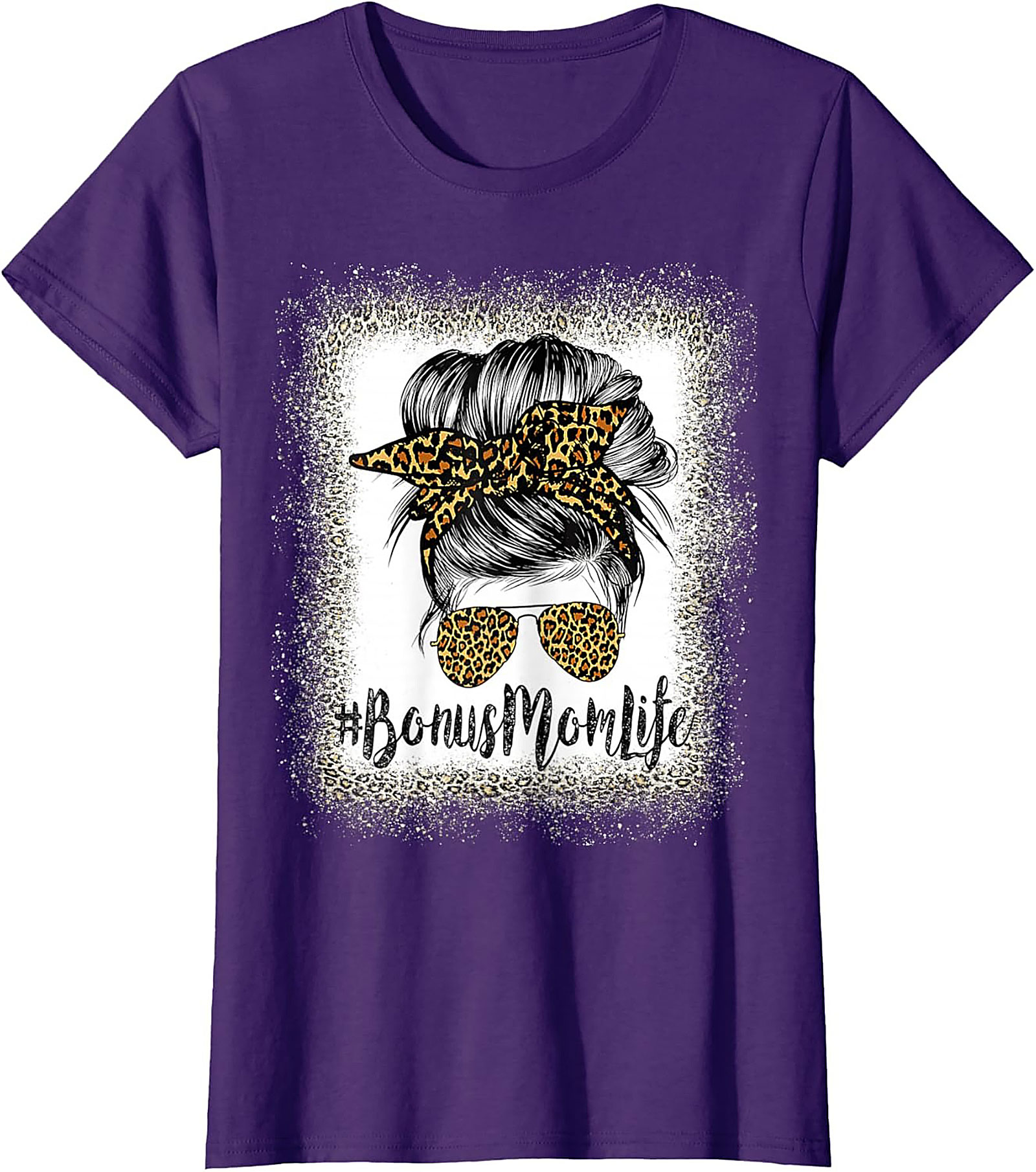 Bonus Mom T-shirt Leopard Print Messy Bun Stepmom Tee