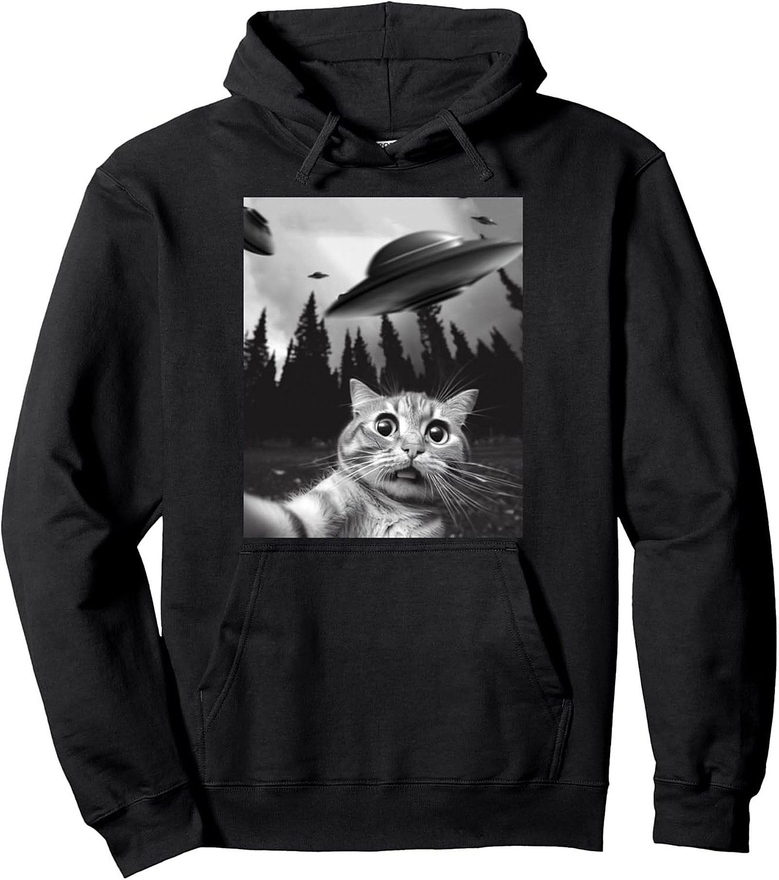 Alien Abduction Cat Selfie Graphic Hoodie Cozy Pullover