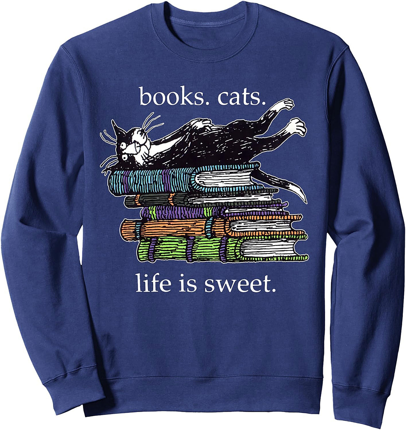 Cozy Book Lover Cat Crewneck Sweatshirt Life Is Sweet Gift