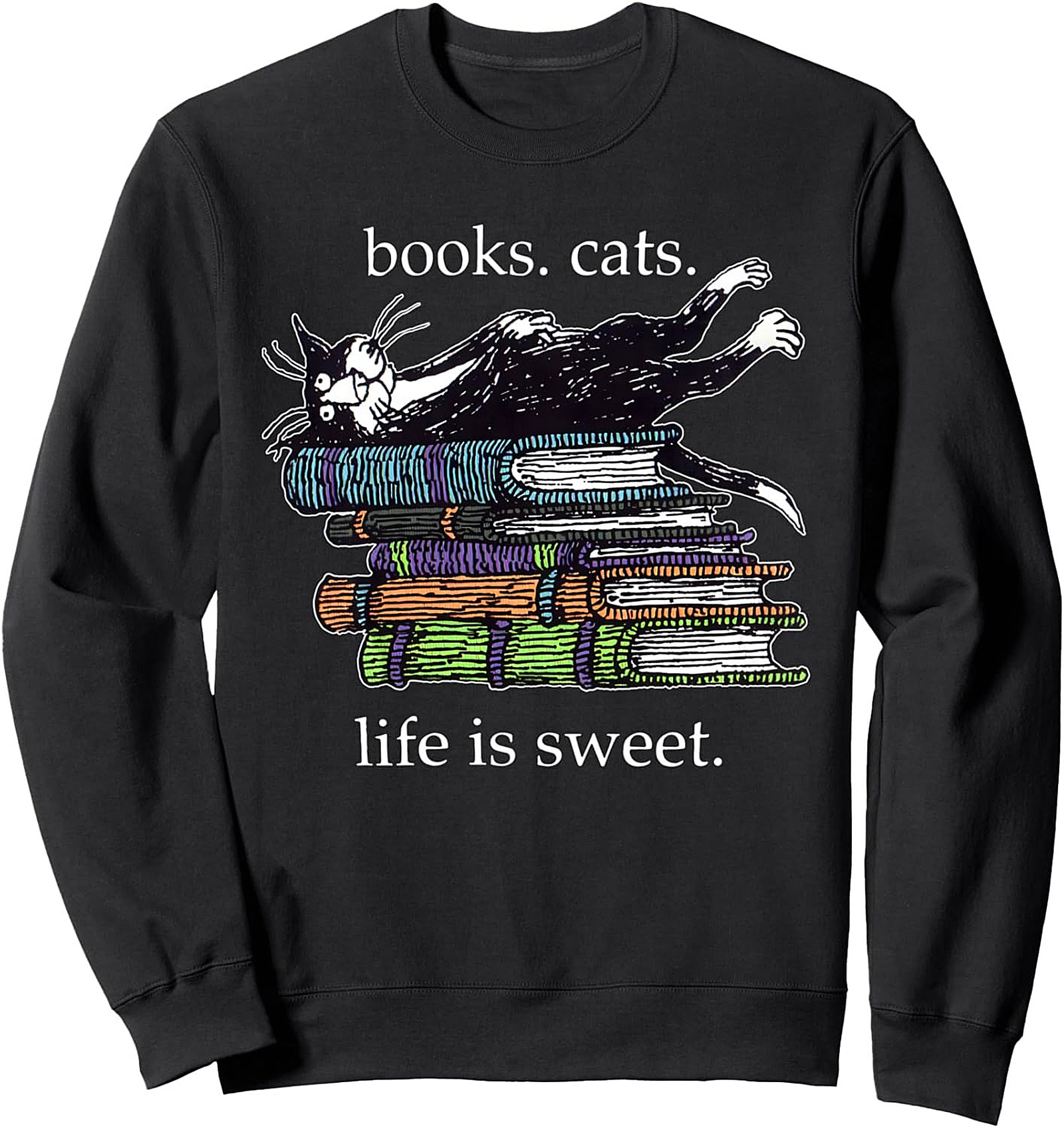 Cozy Book Lover Cat Crewneck Sweatshirt Life Is Sweet Gift