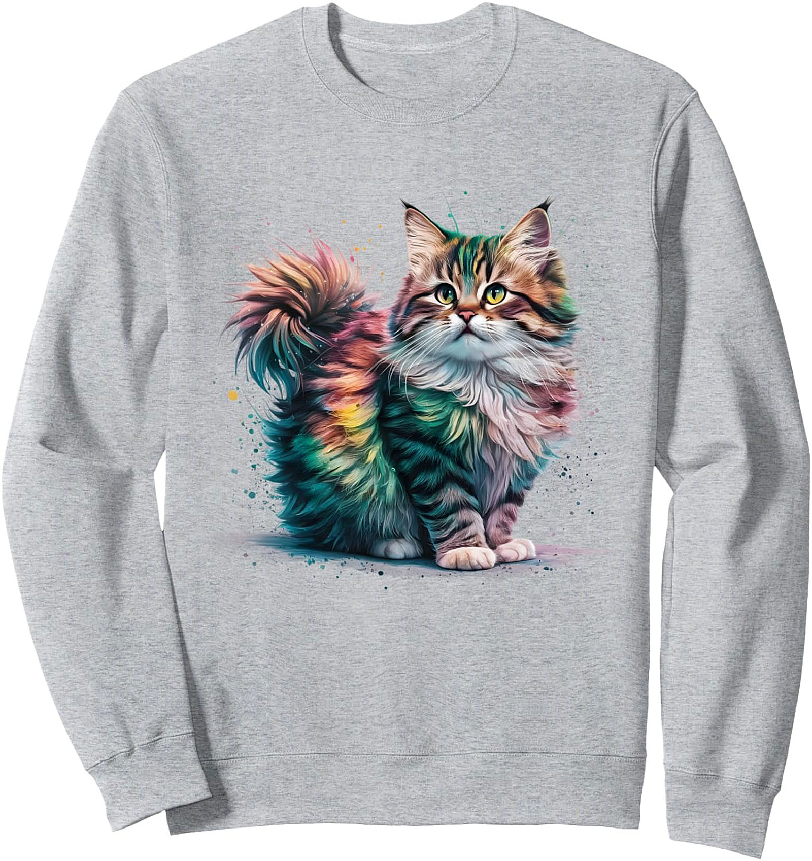 Rainbow Fluffy Cat Graphic Sweatshirt Cozy Crewneck Gift