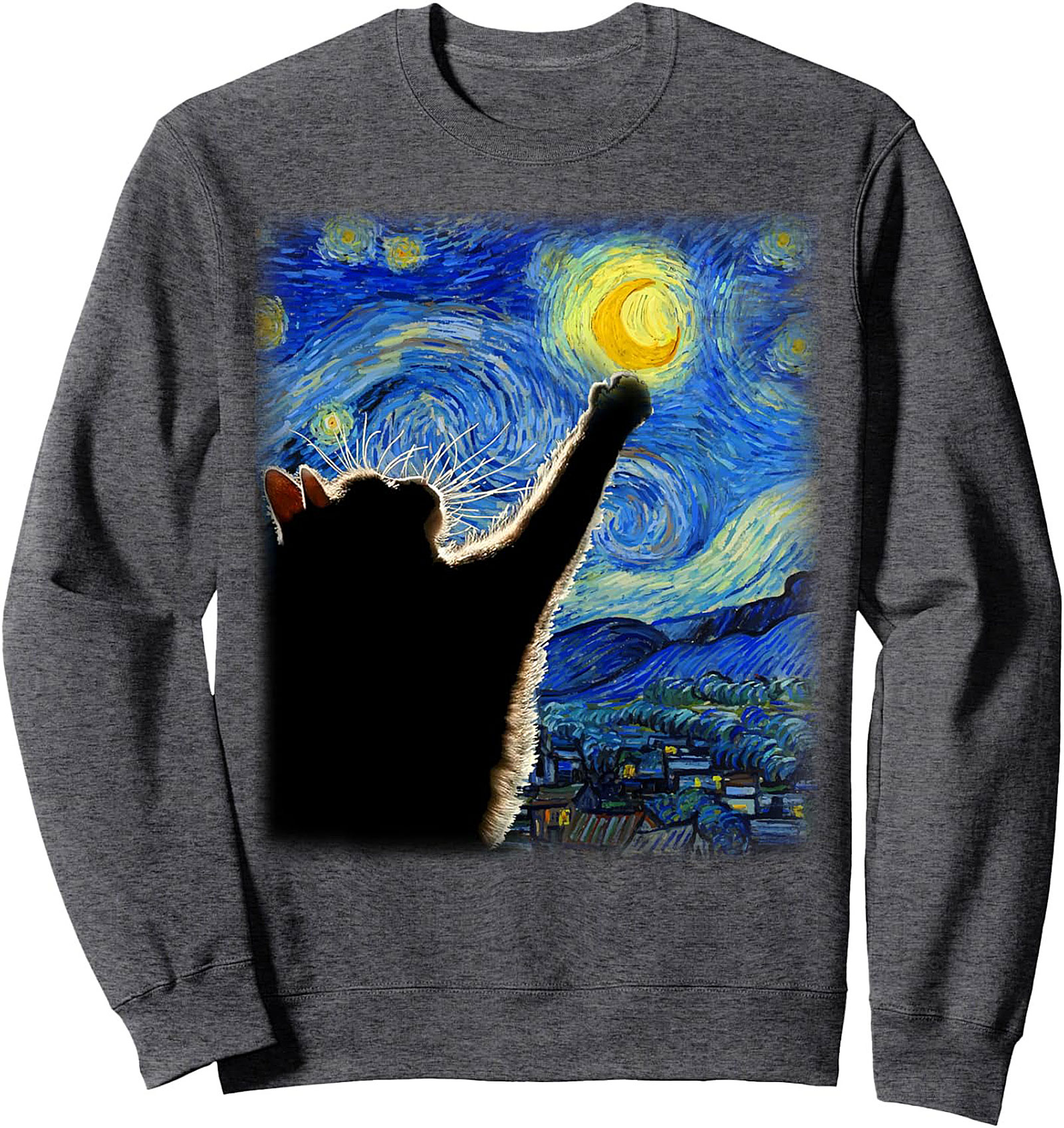 Starry Night Cat Graphic Sweatshirt Cozy Crewneck Pullover