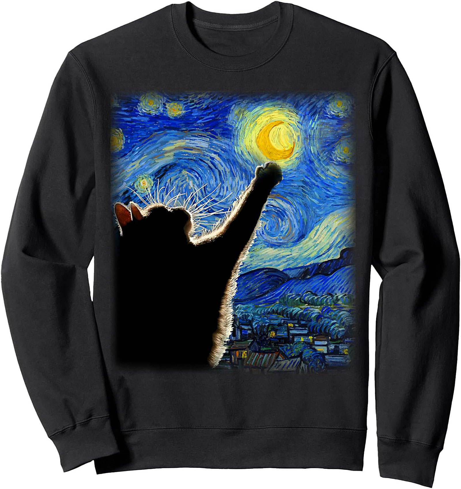 Starry Night Cat Graphic Sweatshirt Cozy Crewneck Pullover