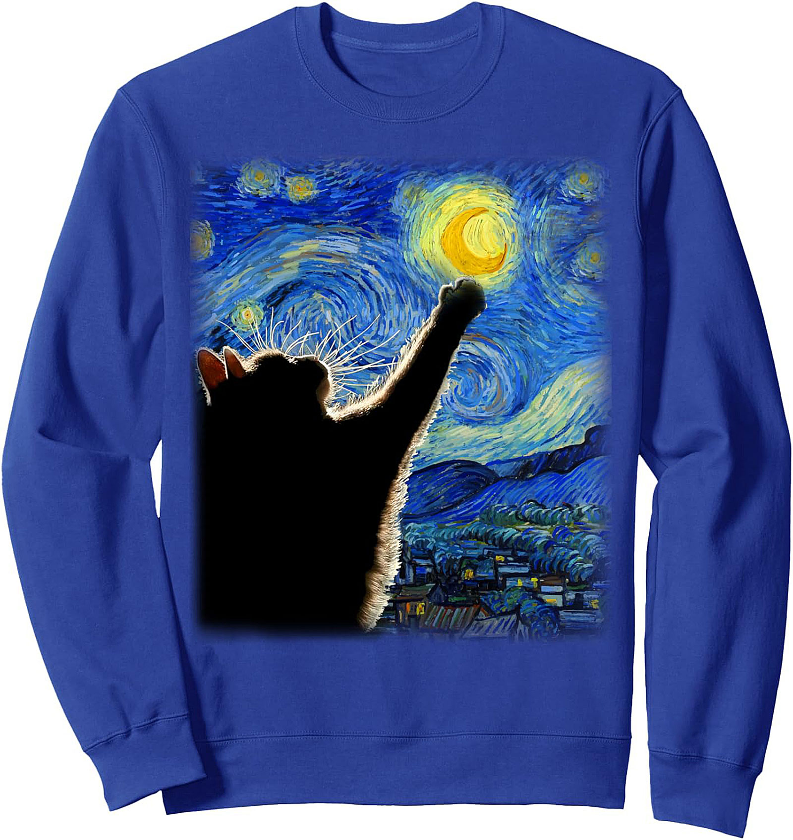 Starry Night Cat Graphic Sweatshirt Cozy Crewneck Pullover