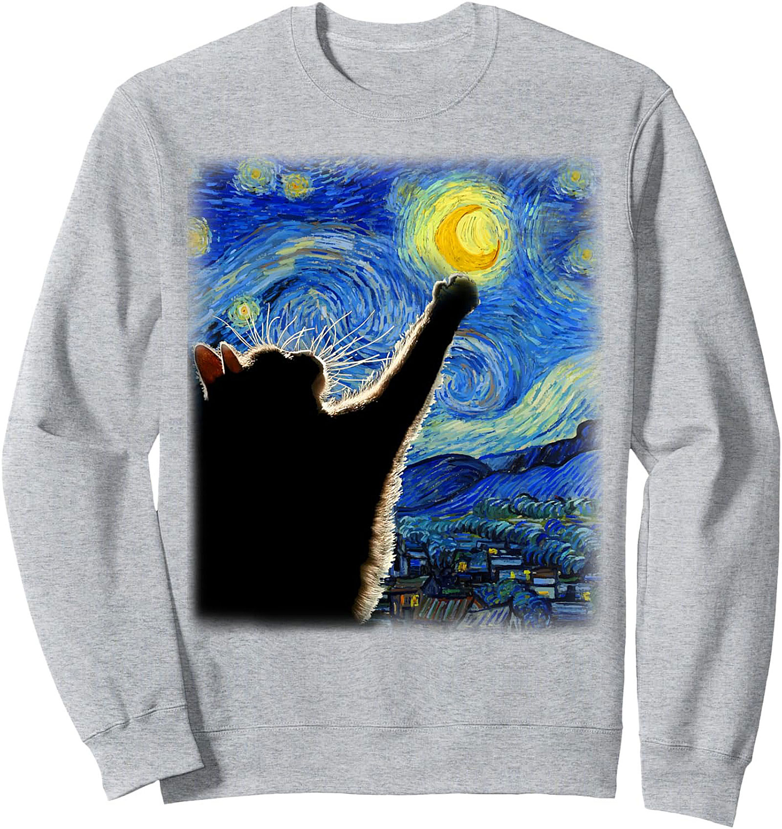 Starry Night Cat Graphic Sweatshirt Cozy Crewneck Pullover