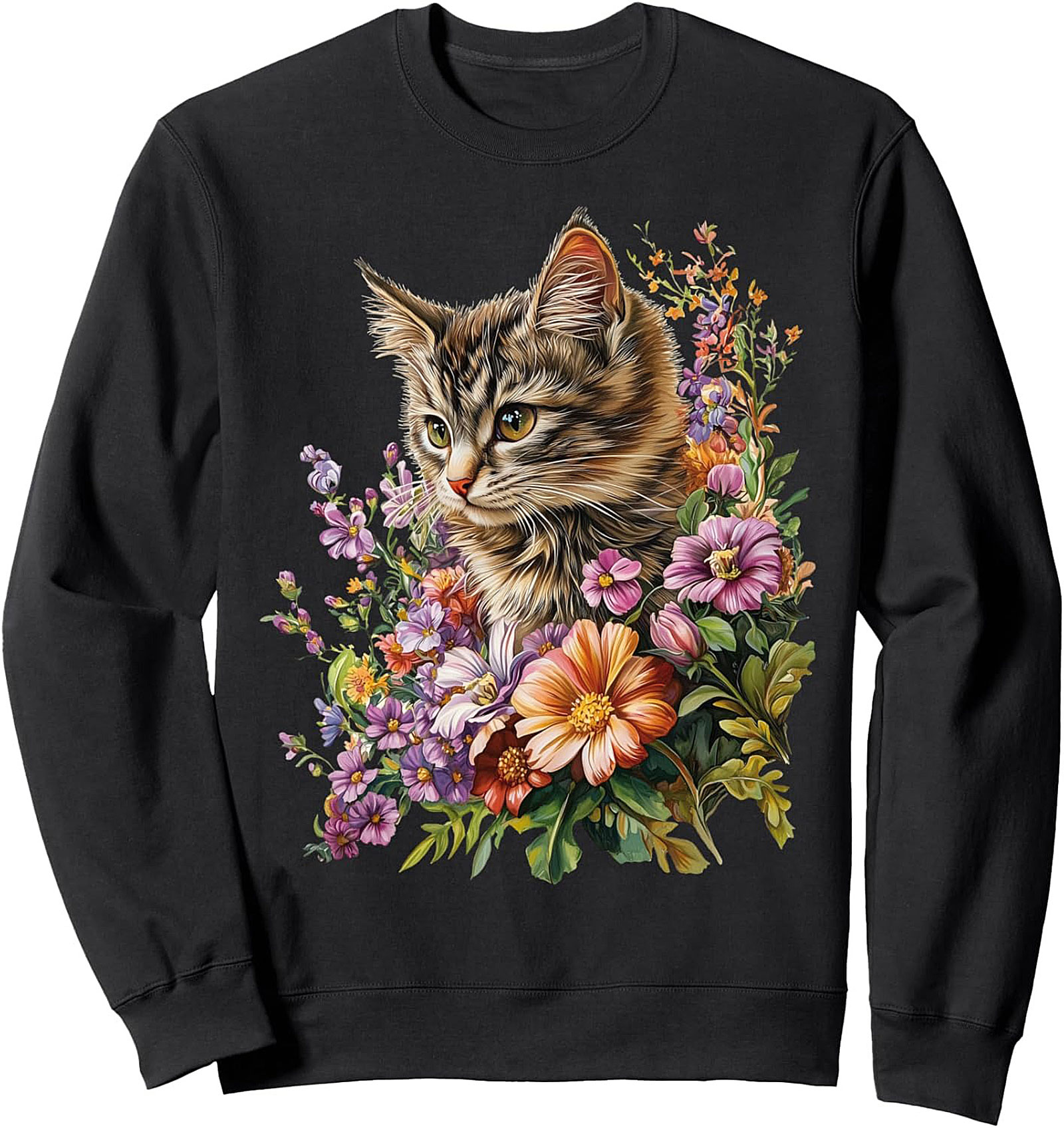 Floral Cat Graphic Sweatshirt Cozy Crewneck Pullover