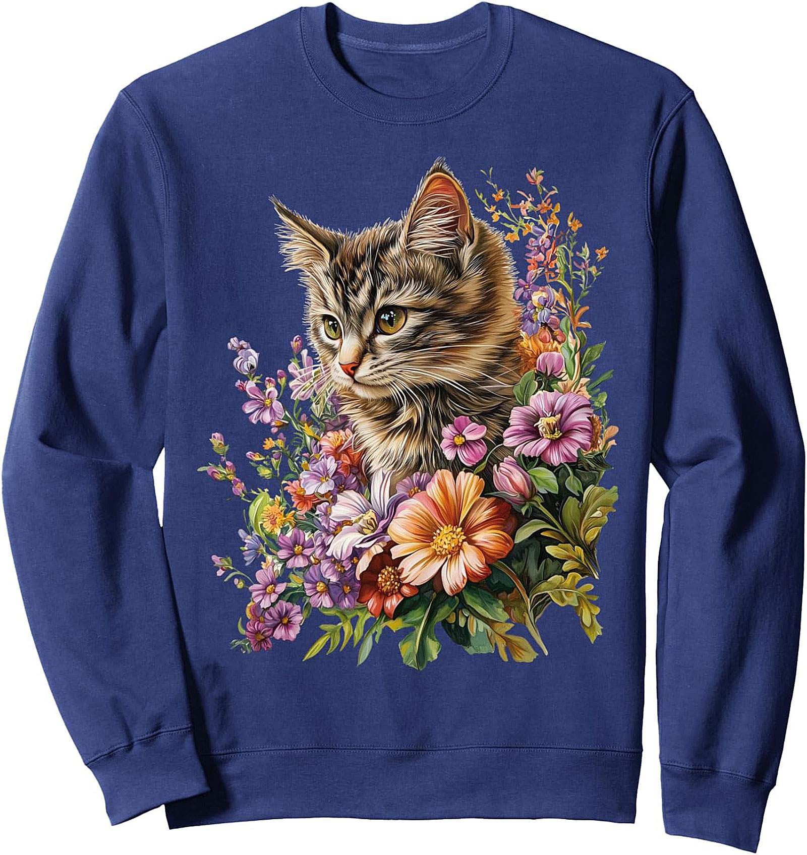 Floral Cat Graphic Sweatshirt Cozy Crewneck Pullover