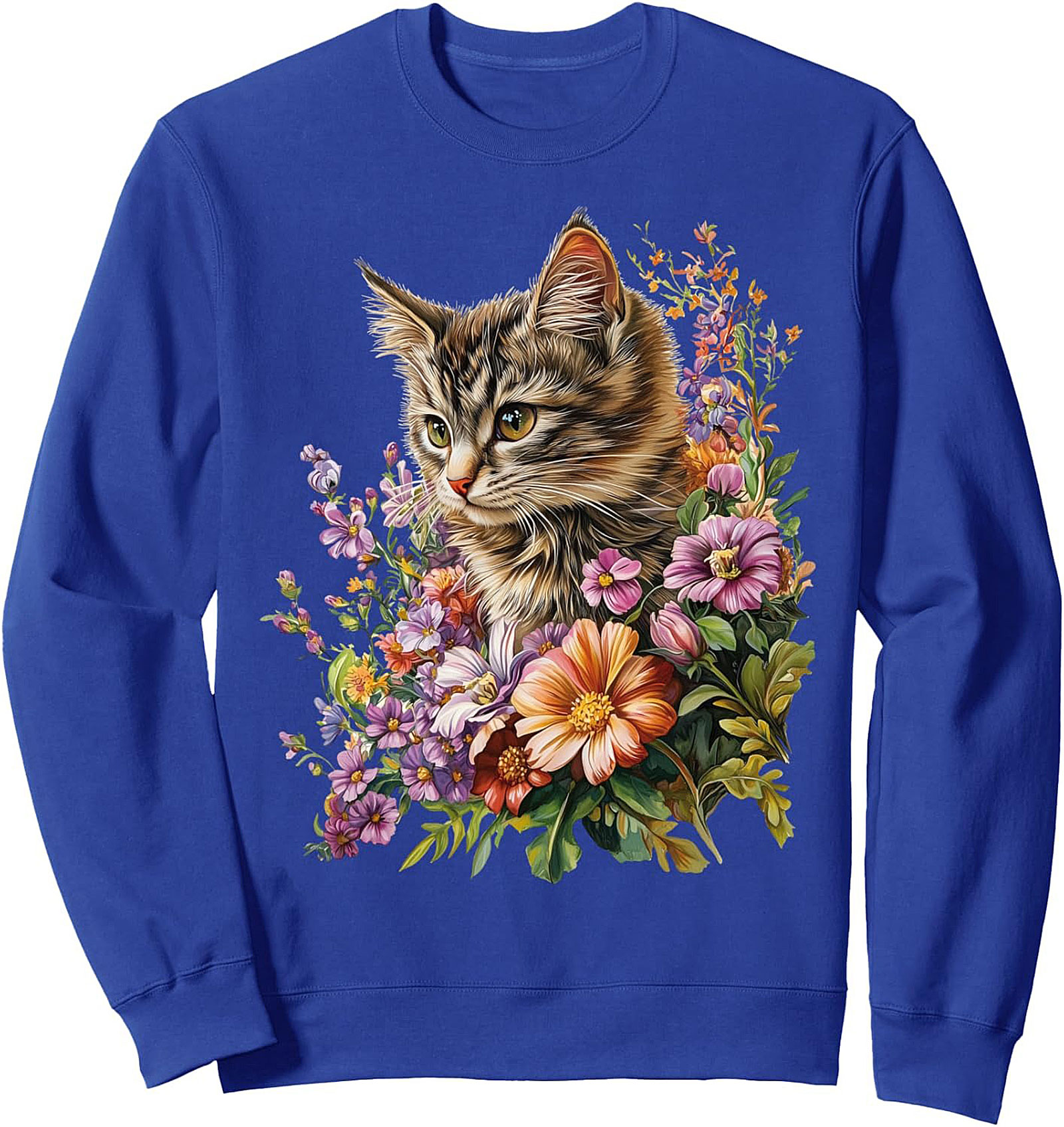 Floral Cat Graphic Sweatshirt Cozy Crewneck Pullover