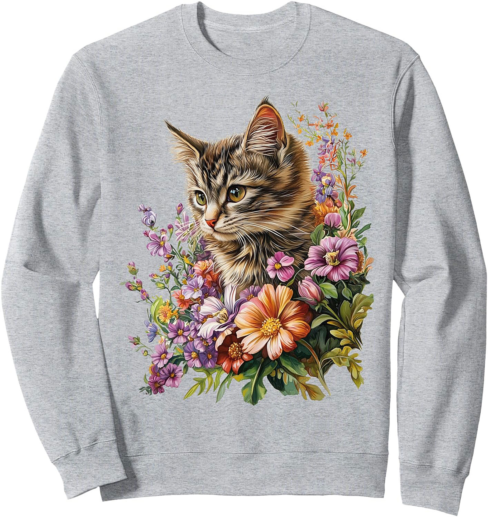 Floral Cat Graphic Sweatshirt Cozy Crewneck Pullover