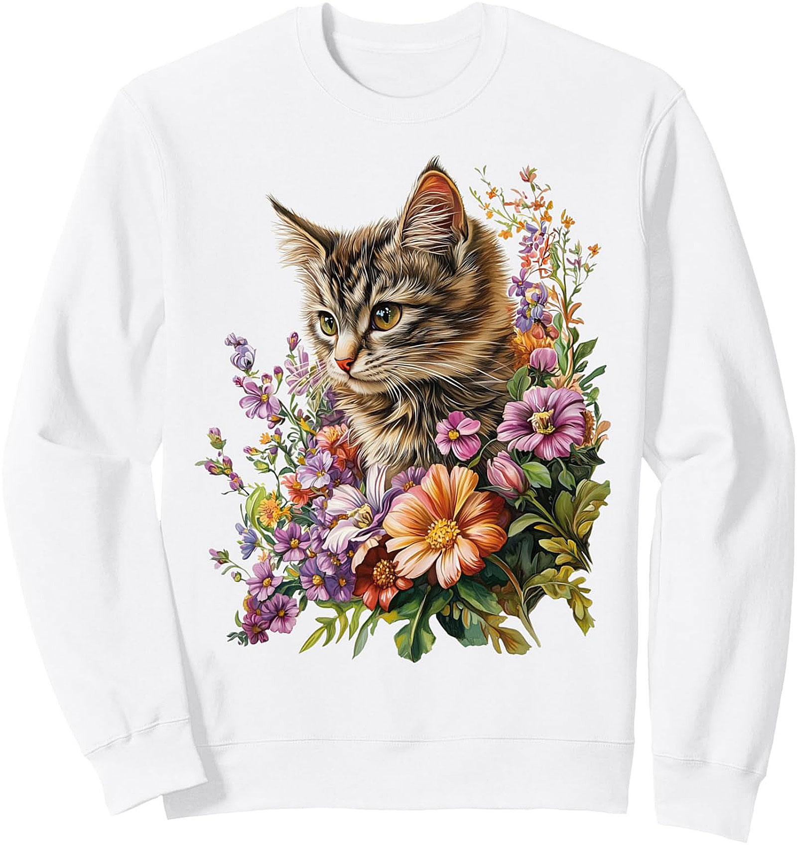 Floral Cat Graphic Sweatshirt Cozy Crewneck Pullover
