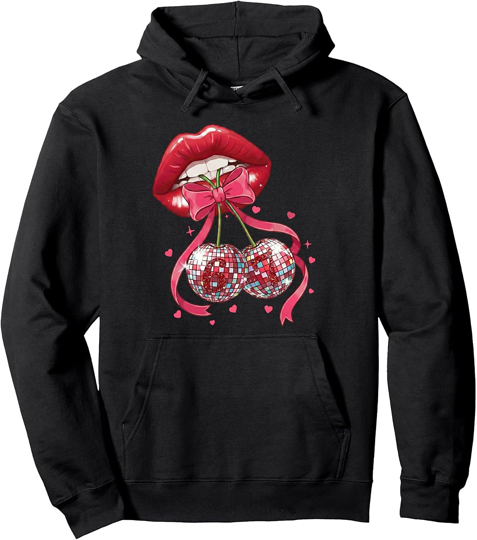Disco Cherry Lips Graphic Hoodie  Y2K Glam Pullover
