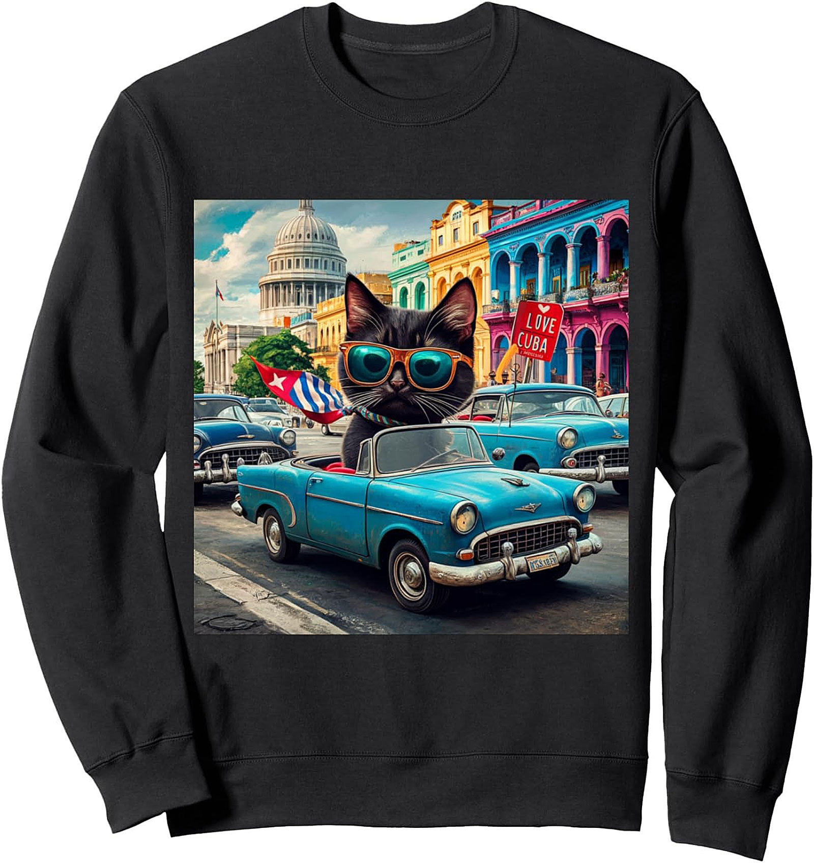 Havana Cat Vintage Car Graphic Sweatshirt Cuba Vibe