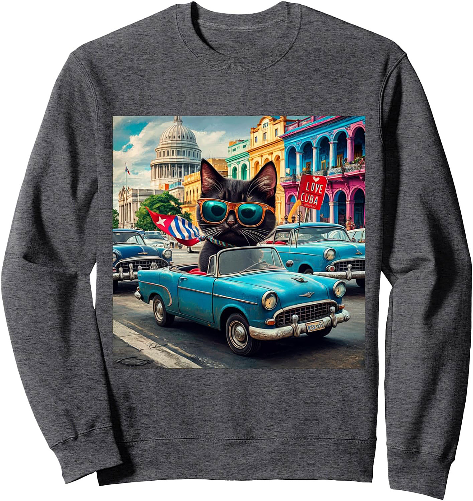 Havana Cat Vintage Car Graphic Sweatshirt Cuba Vibe