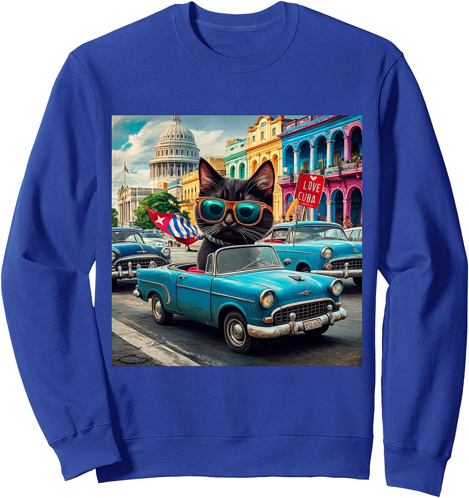 Havana Cat Vintage Car Graphic Sweatshirt Cuba Vibe