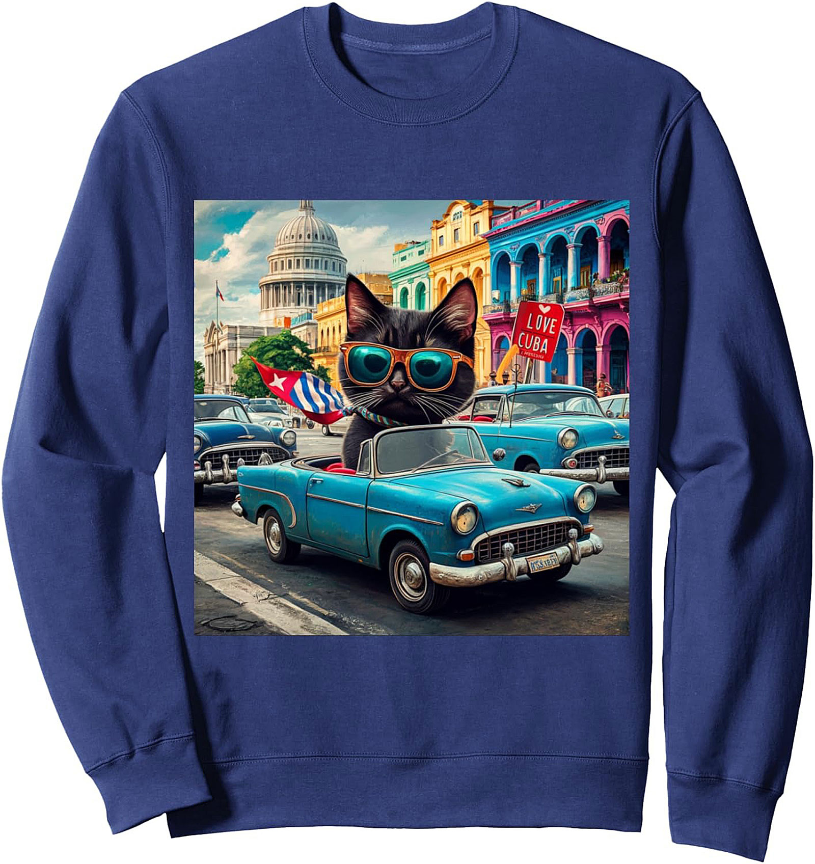Havana Cat Vintage Car Graphic Sweatshirt Cuba Vibe