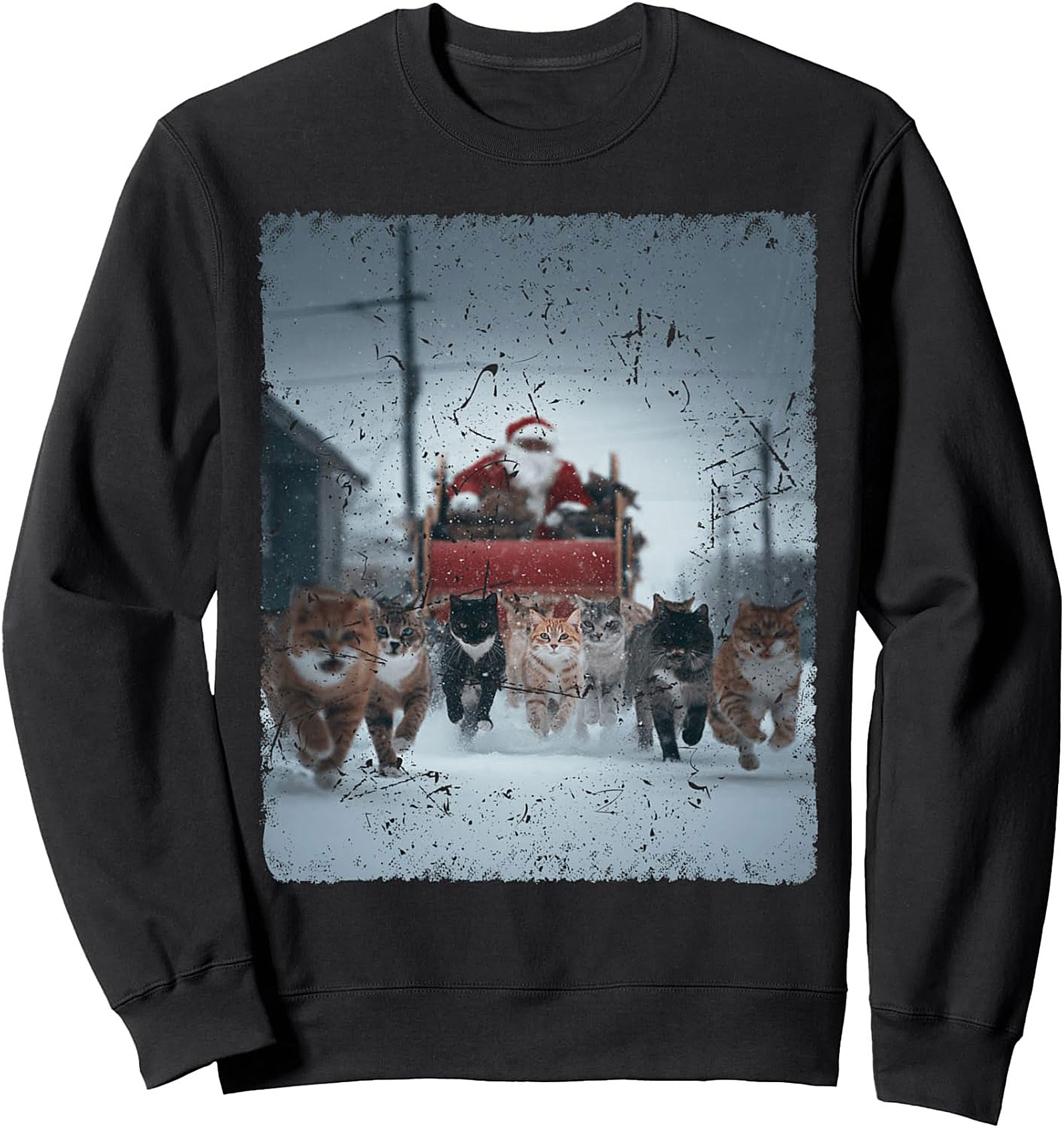 Cat Sleigh Graphic Sweatshirt Funny Holiday Crewneck