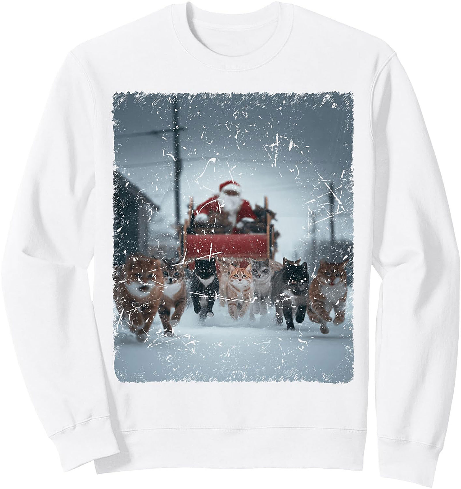 Cat Sleigh Graphic Sweatshirt Funny Holiday Crewneck