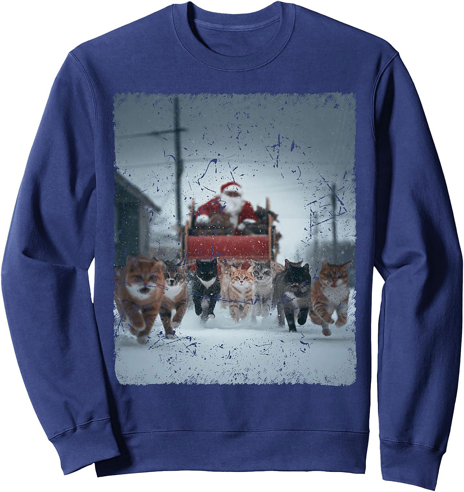 Cat Sleigh Graphic Sweatshirt Funny Holiday Crewneck