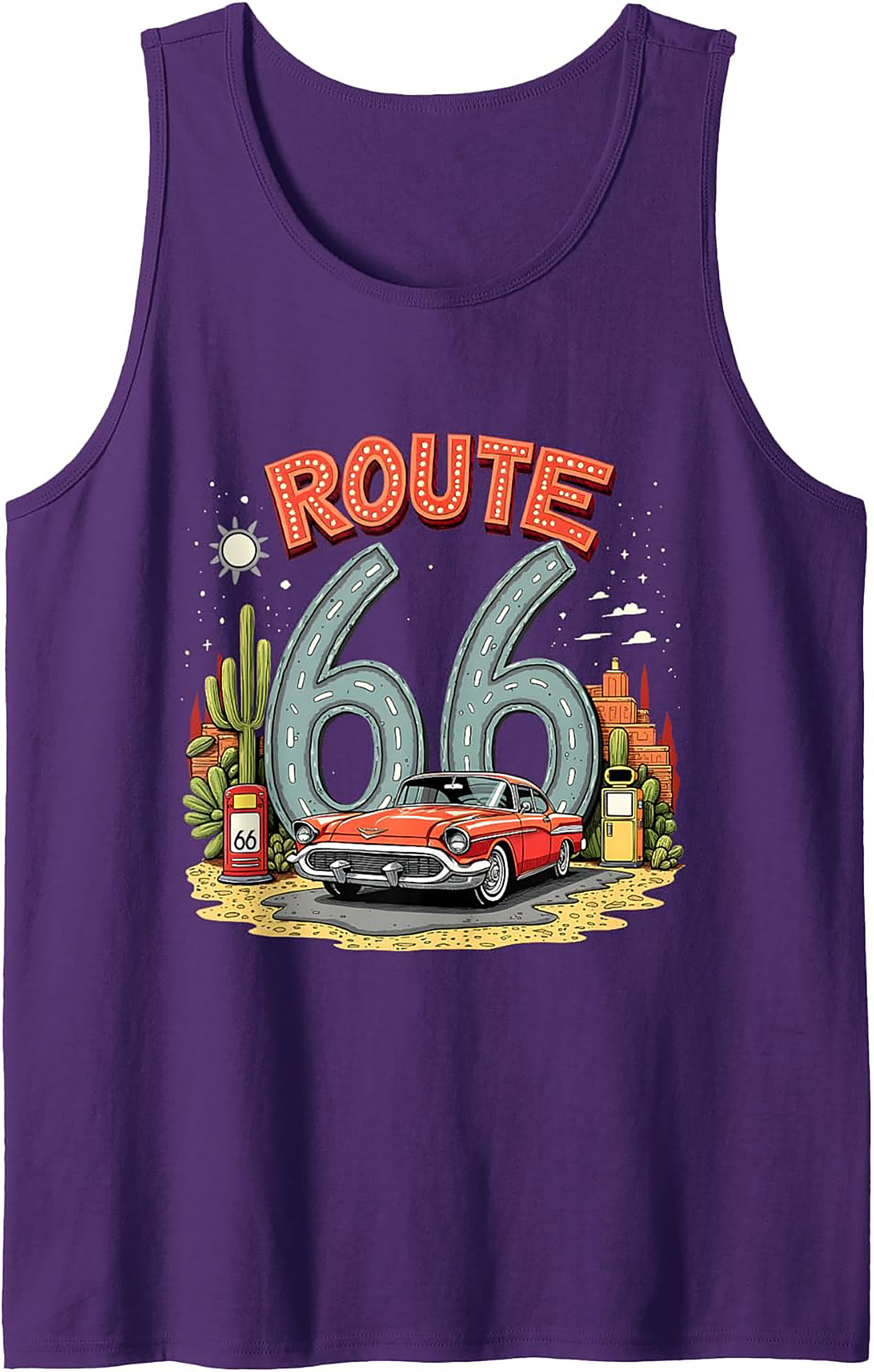 Route 66 Graphic Tank Top Vintage Car Sleeveless Shirt