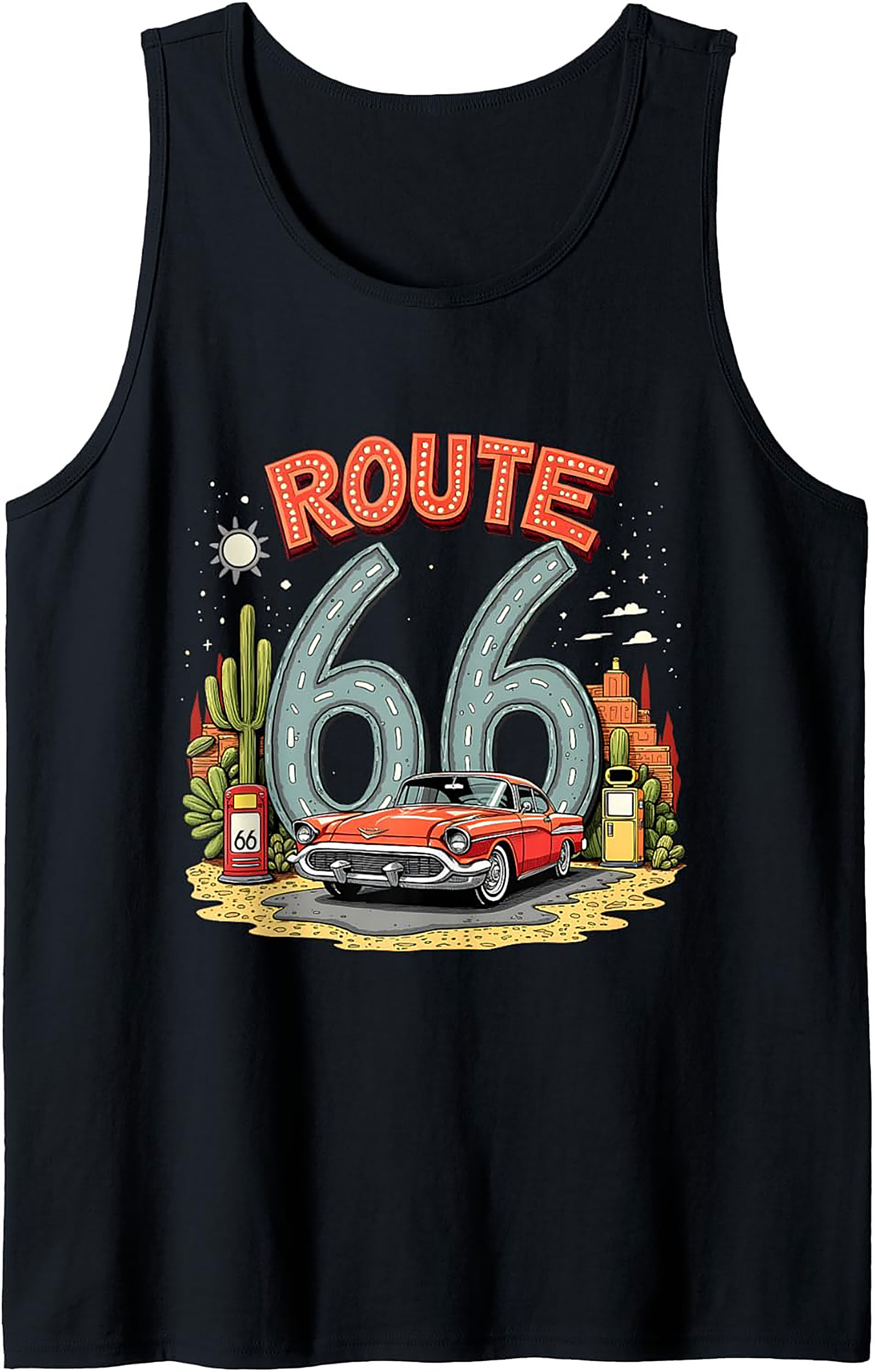 Route 66 Graphic Tank Top Vintage Car Sleeveless Shirt