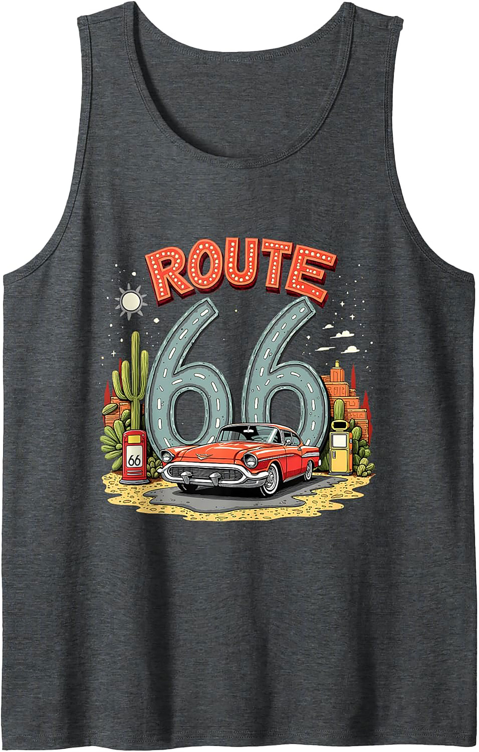 Route 66 Graphic Tank Top Vintage Car Sleeveless Shirt