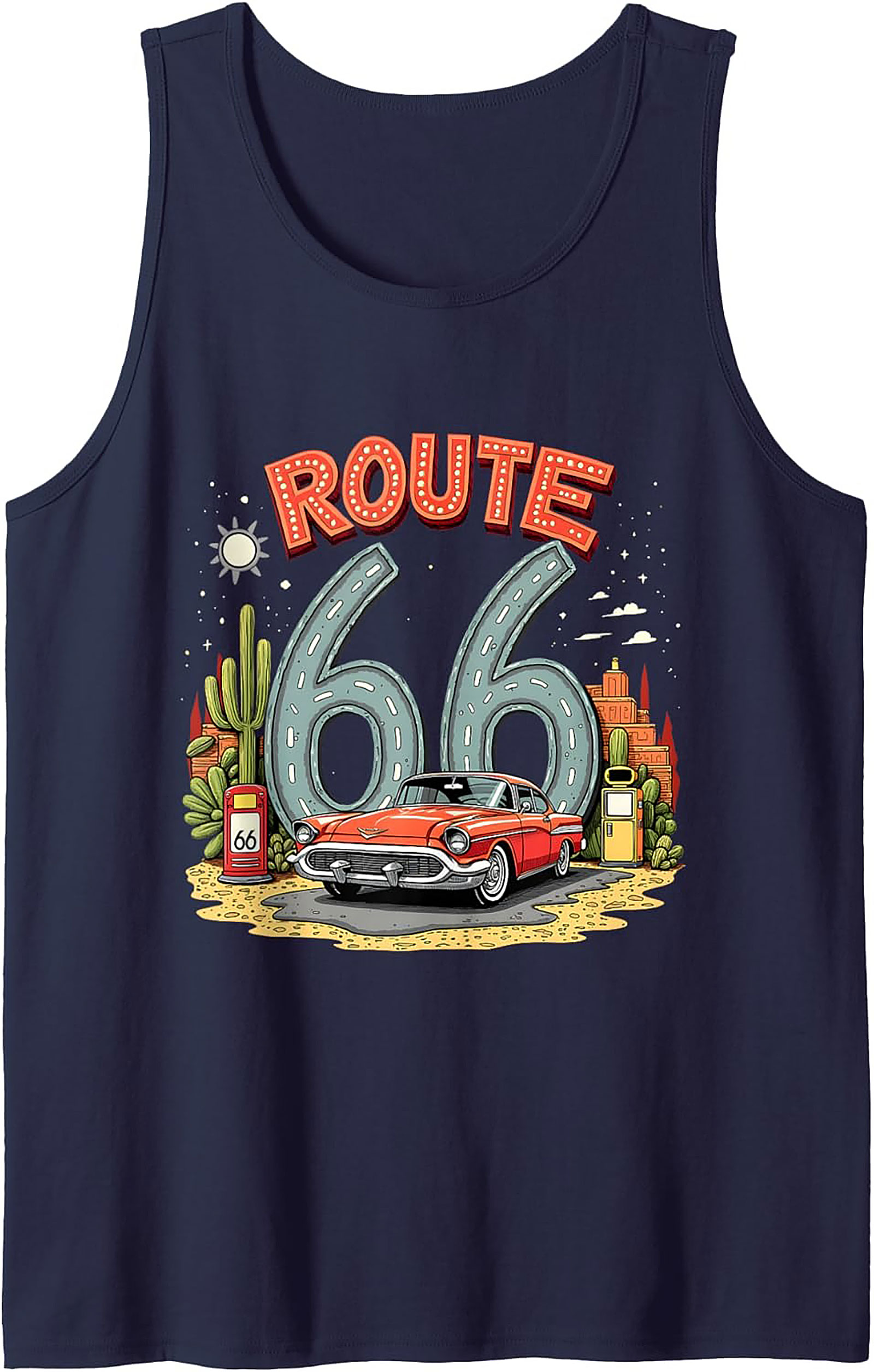 Route 66 Graphic Tank Top Vintage Car Sleeveless Shirt
