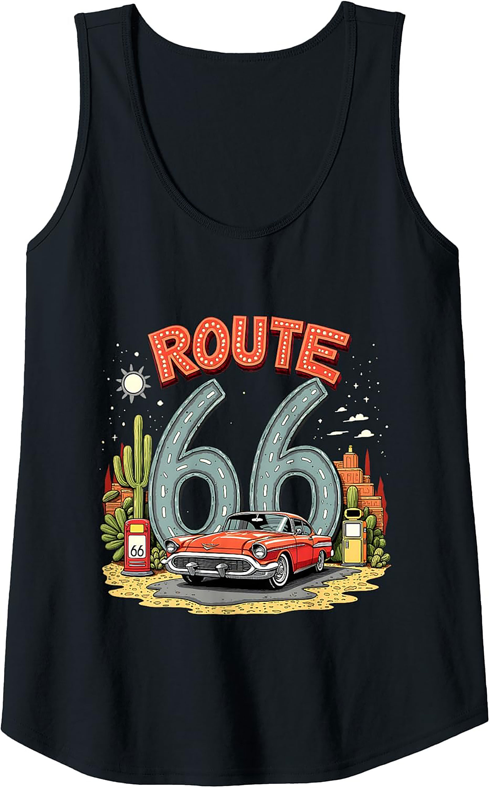Route 66 Graphic Tank Top Vintage Car Sleeveless Shirt