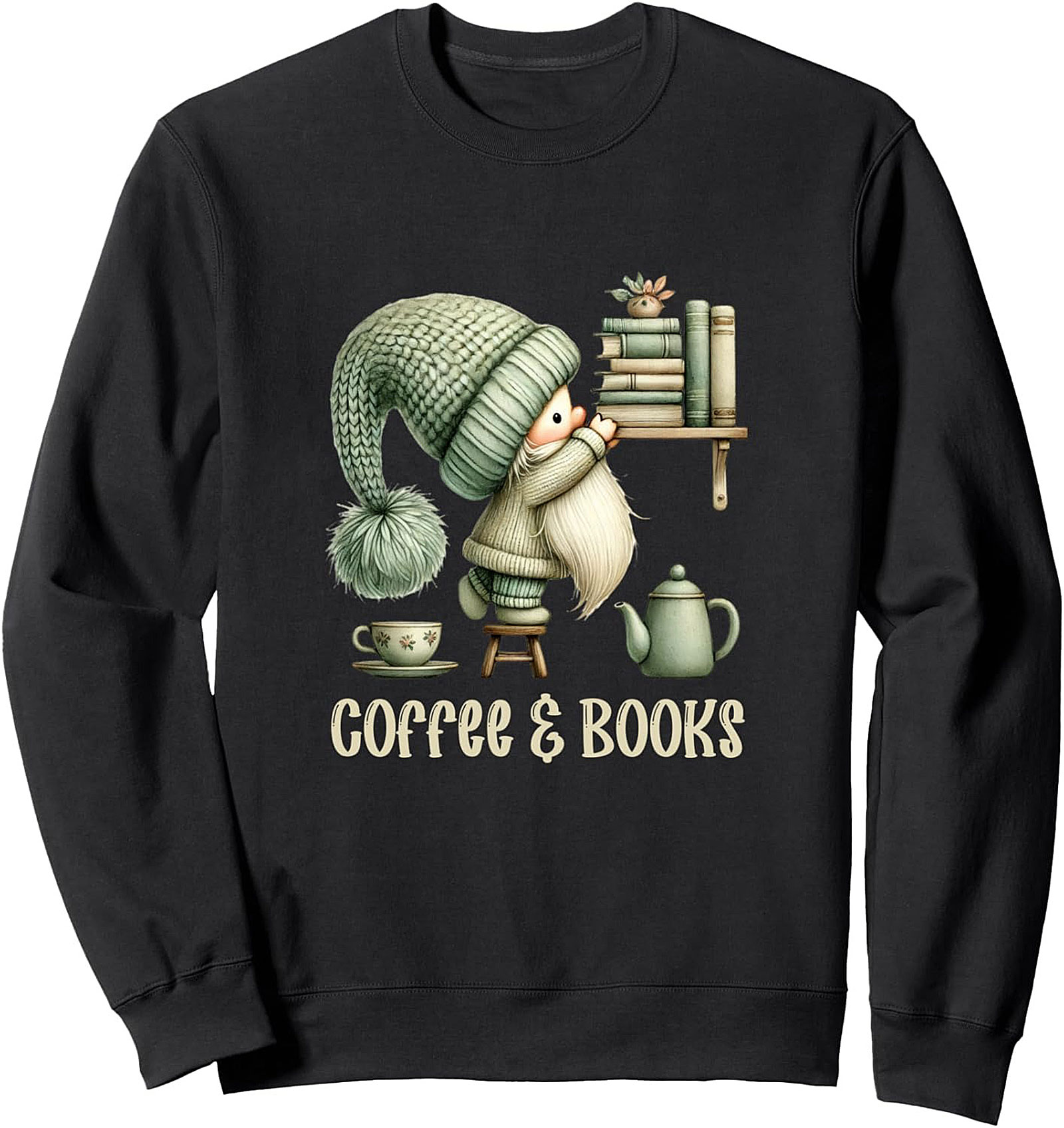 Coffee & Books Gnome Graphic Sweatshirt Cozy Unisex Fit