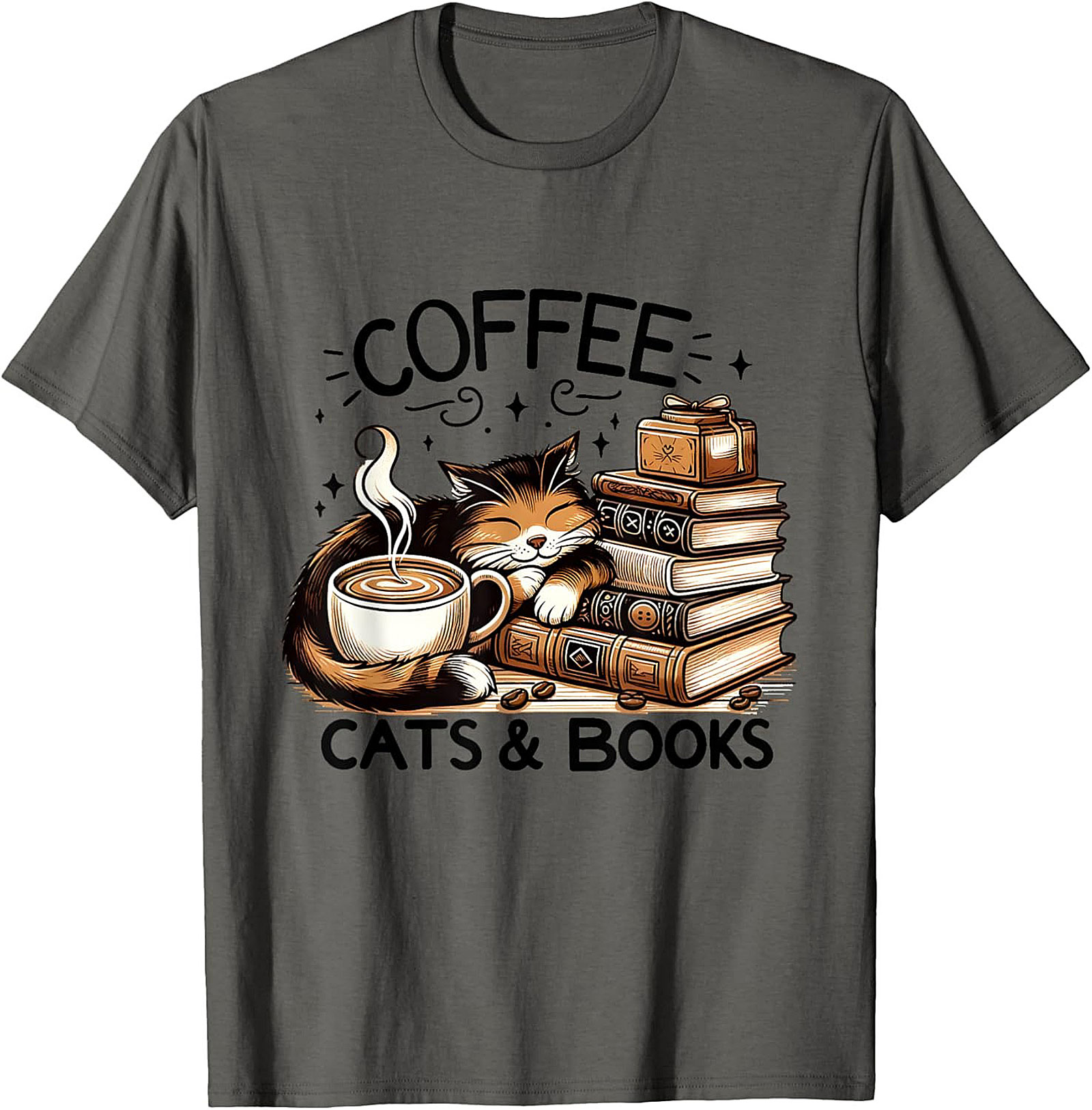 Coffee Cats & Books T-shirt Cozy Calico Cat Graphic Tee