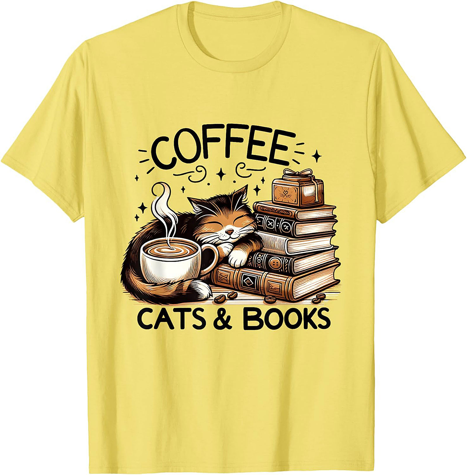 Coffee Cats & Books T-shirt Cozy Calico Cat Graphic Tee