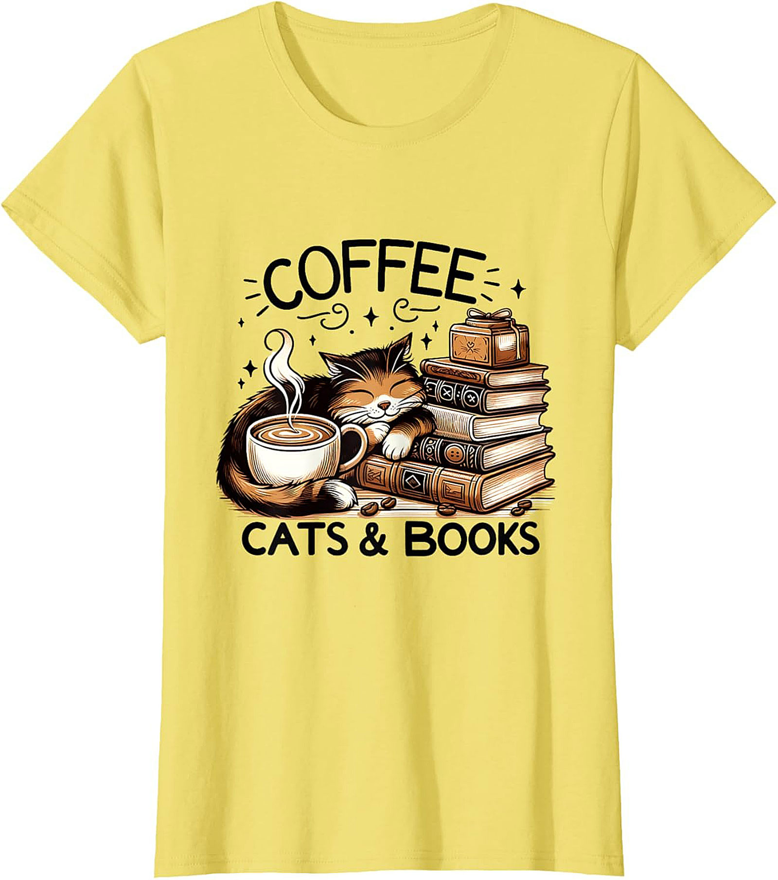 Coffee Cats & Books T-shirt Cozy Calico Cat Graphic Tee