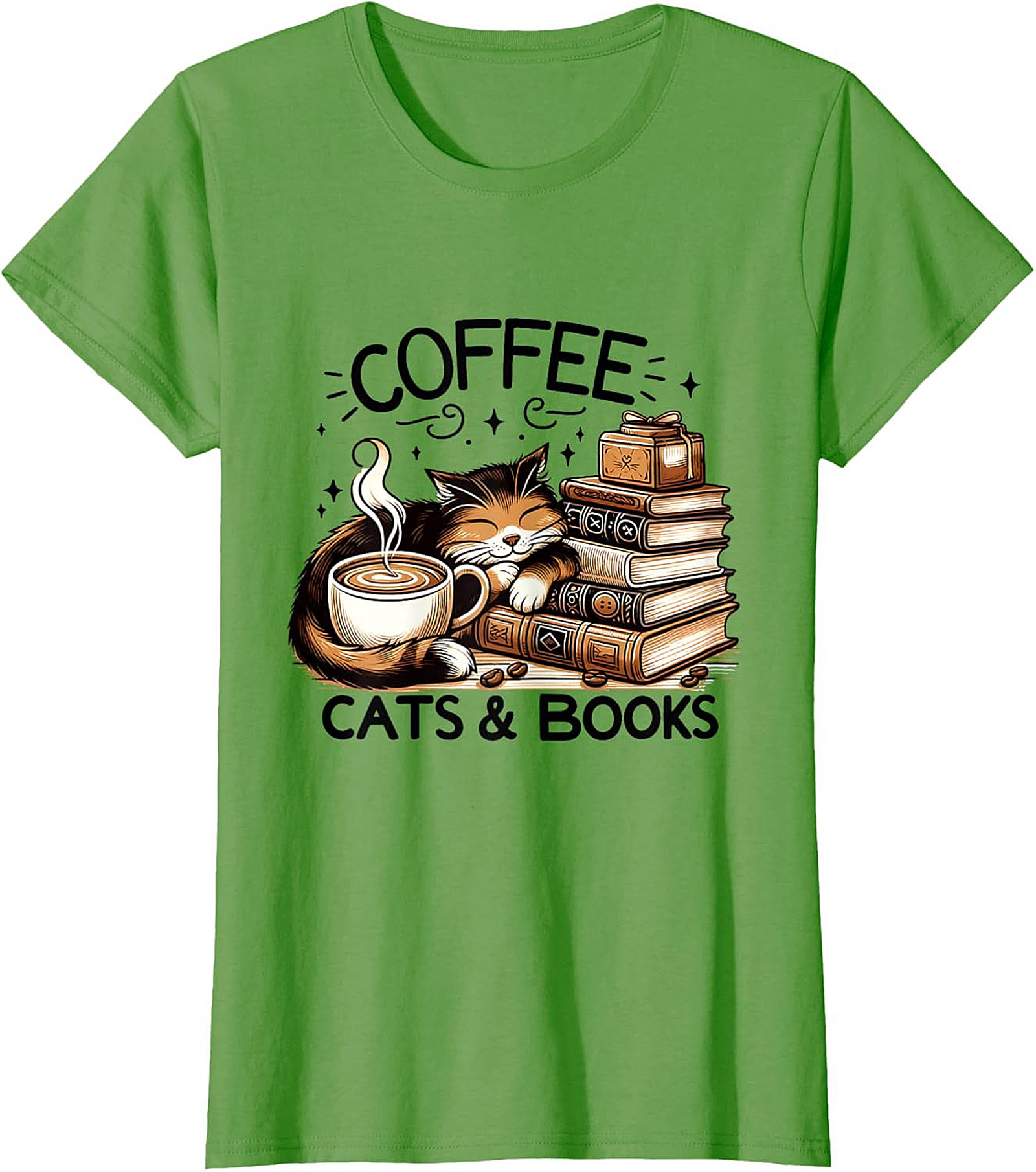 Coffee Cats & Books T-shirt Cozy Calico Cat Graphic Tee