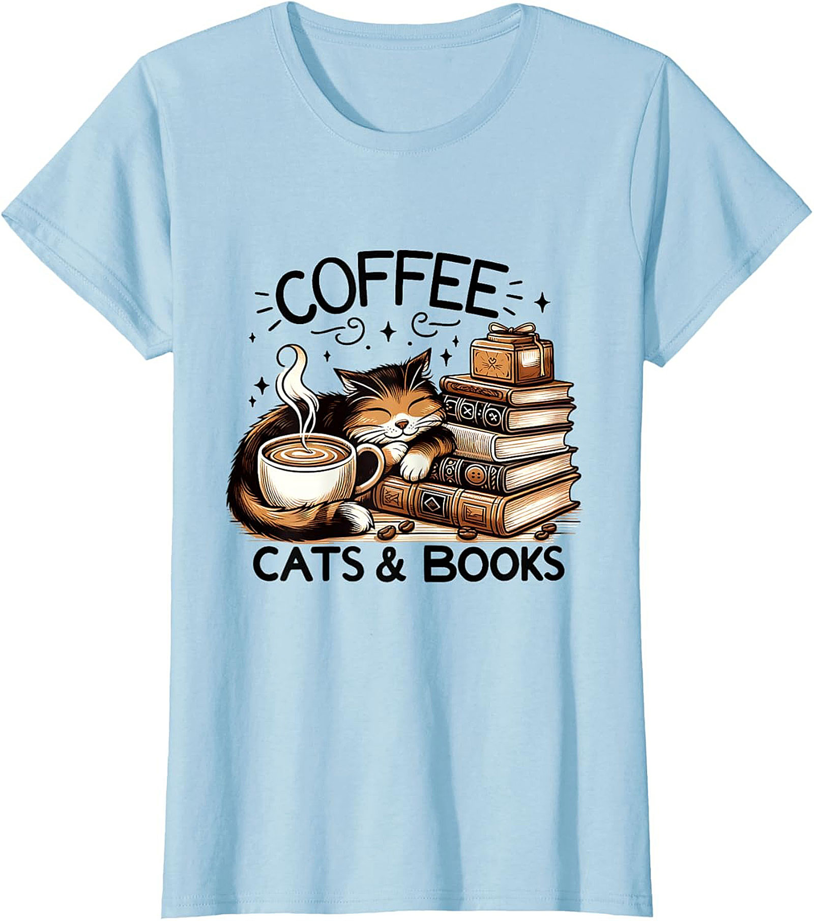 Coffee Cats & Books T-shirt Cozy Calico Cat Graphic Tee