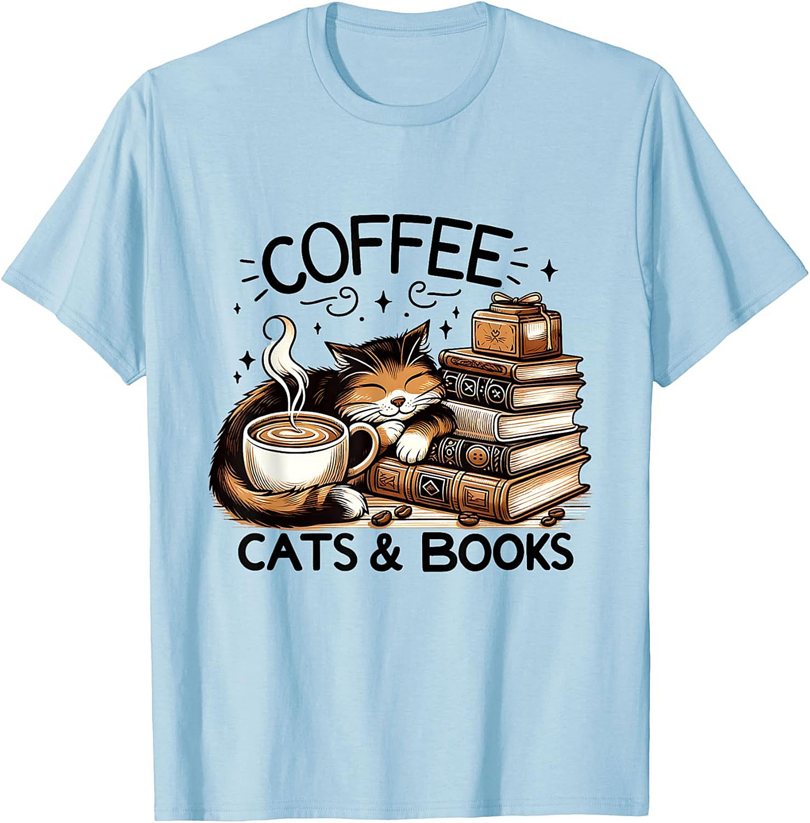 Coffee Cats & Books T-shirt Cozy Calico Cat Graphic Tee