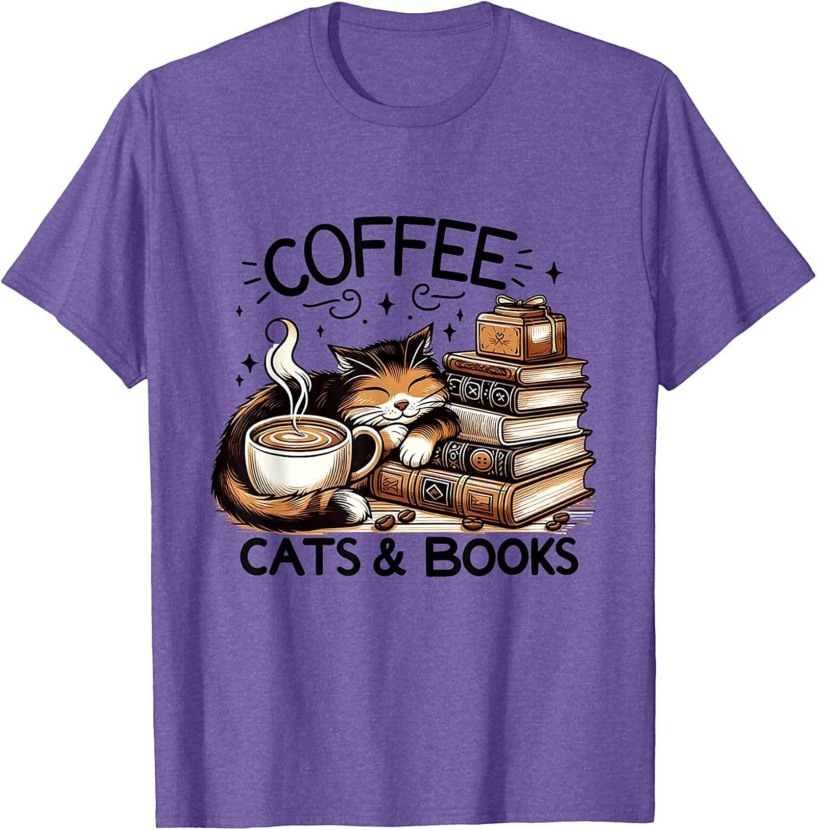 Coffee Cats & Books T-shirt Cozy Calico Cat Graphic Tee