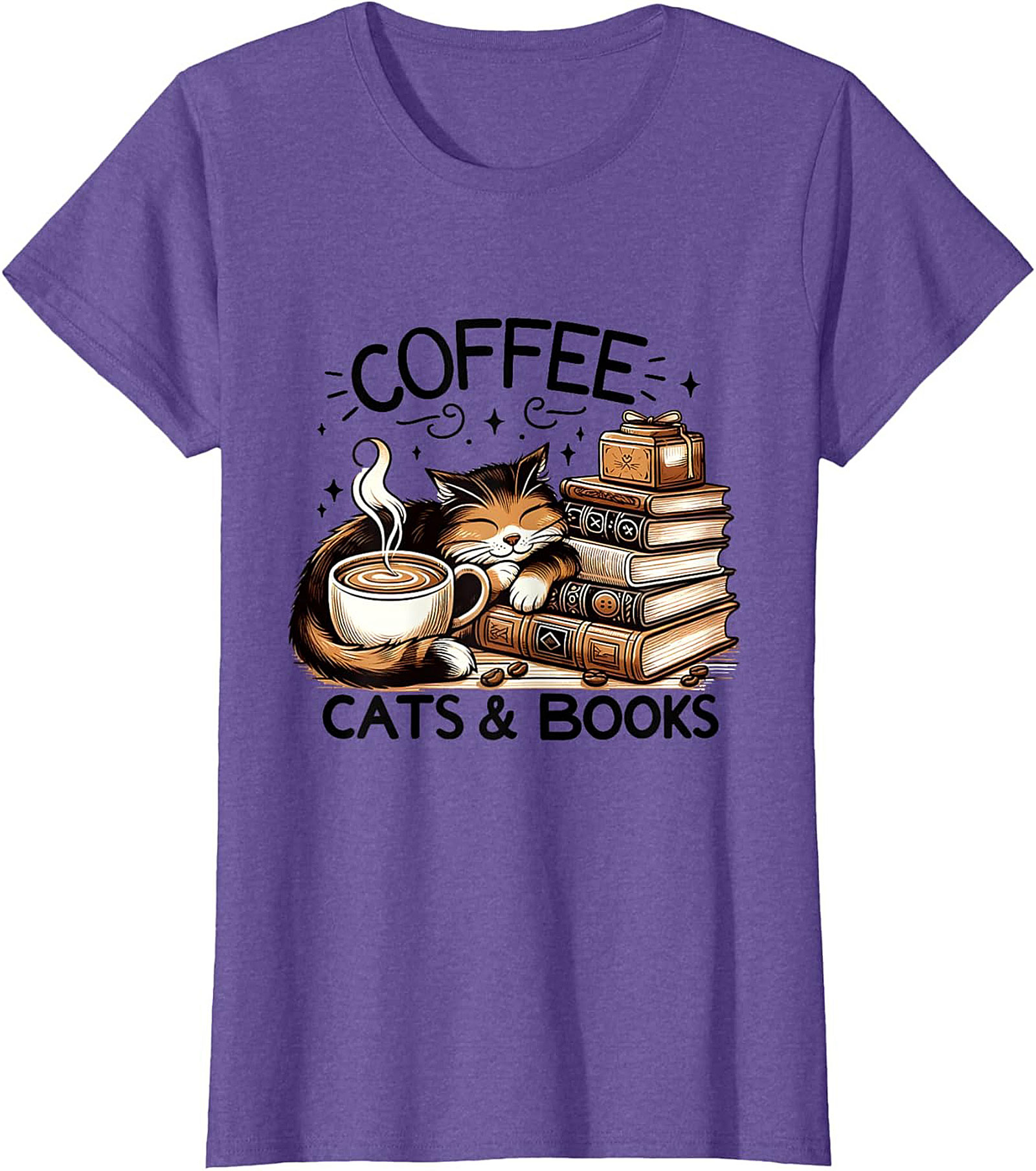 Coffee Cats & Books T-shirt Cozy Calico Cat Graphic Tee