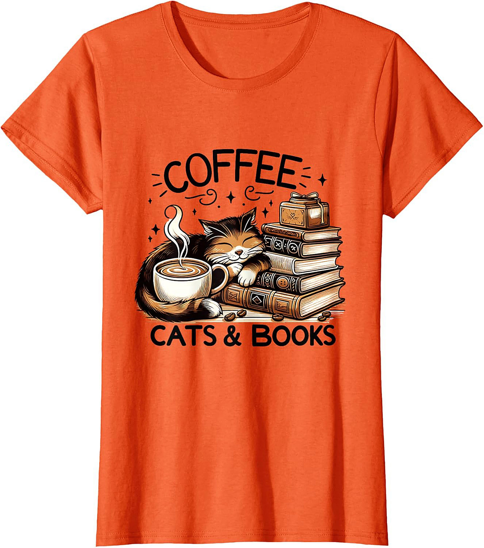 Coffee Cats & Books T-shirt Cozy Calico Cat Graphic Tee