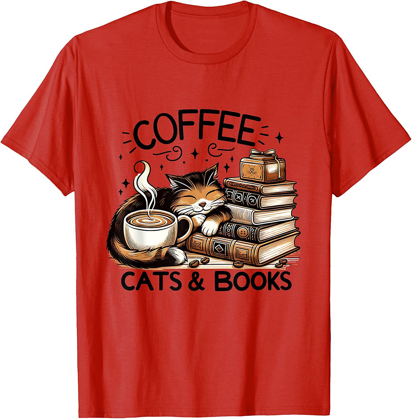 Coffee Cats & Books T-shirt Cozy Calico Cat Graphic Tee