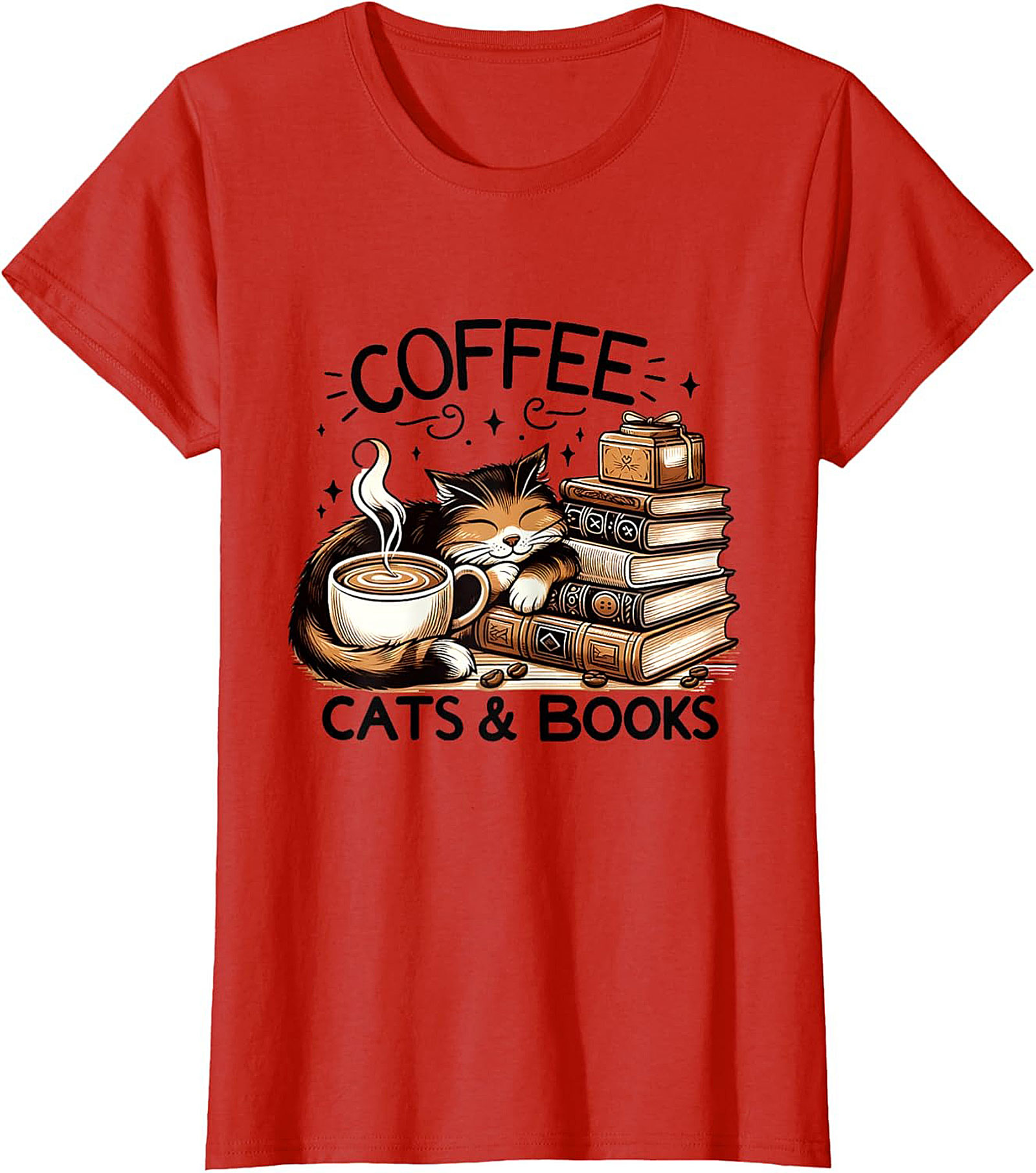 Coffee Cats & Books T-shirt Cozy Calico Cat Graphic Tee