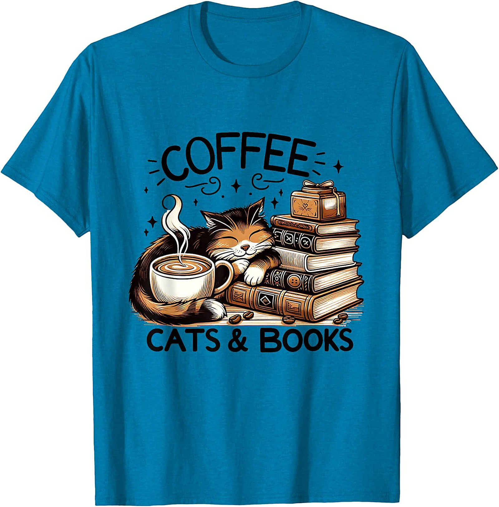 Coffee Cats & Books T-shirt Cozy Calico Cat Graphic Tee