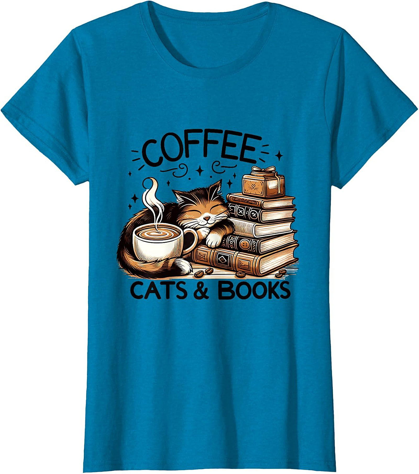 Coffee Cats & Books T-shirt Cozy Calico Cat Graphic Tee