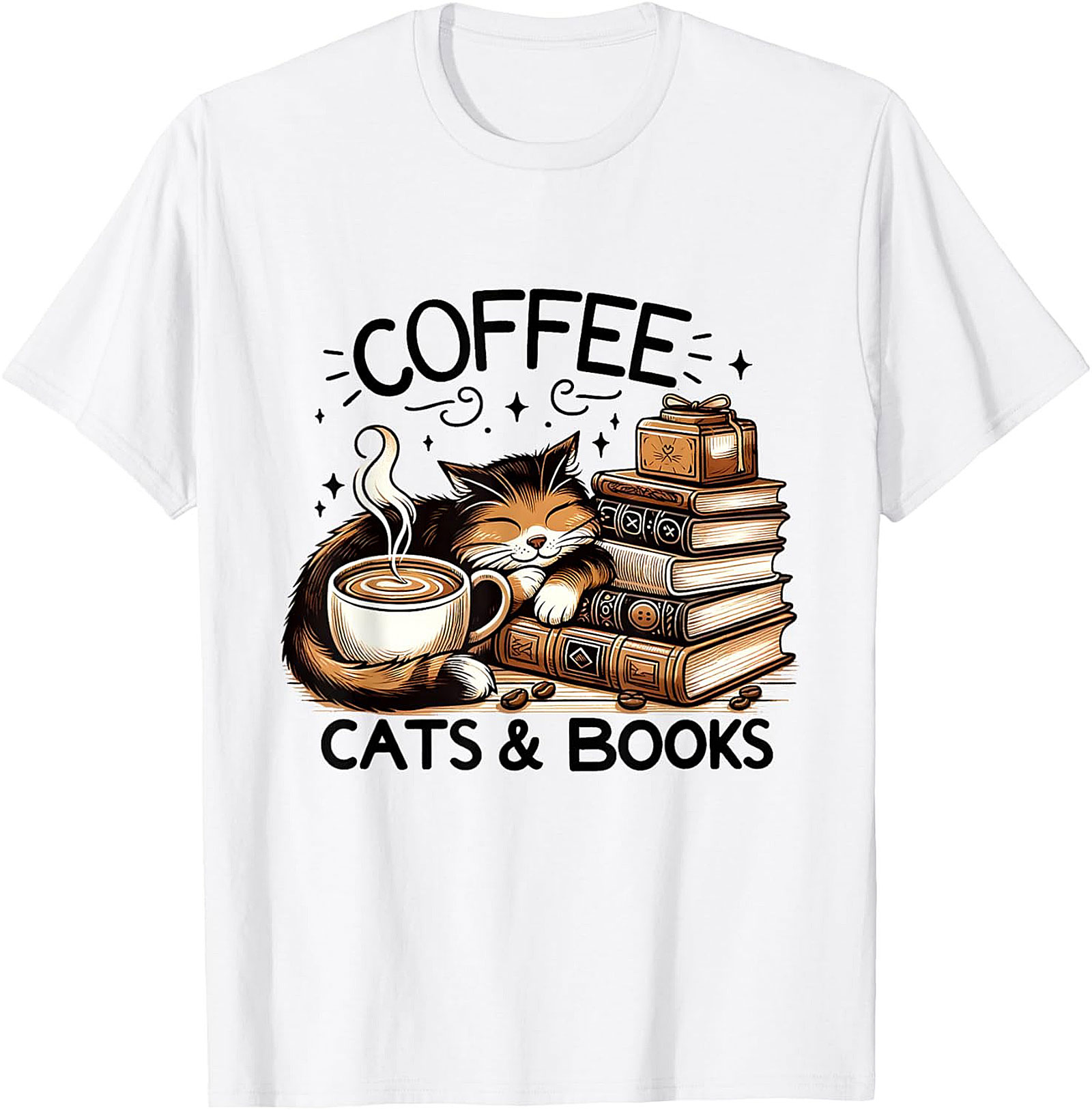Coffee Cats & Books T-shirt Cozy Calico Cat Graphic Tee