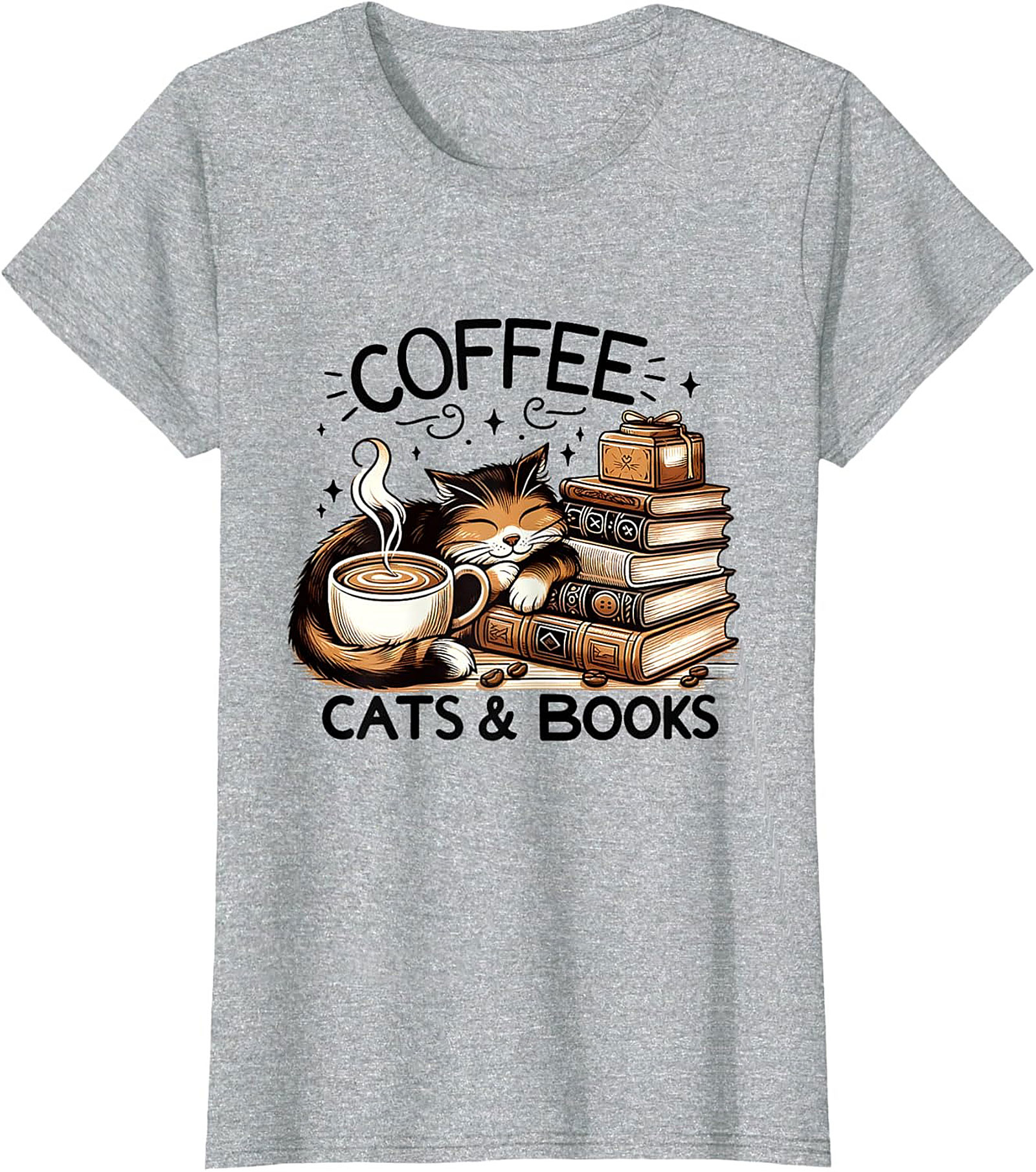 Coffee Cats & Books T-shirt Cozy Calico Cat Graphic Tee
