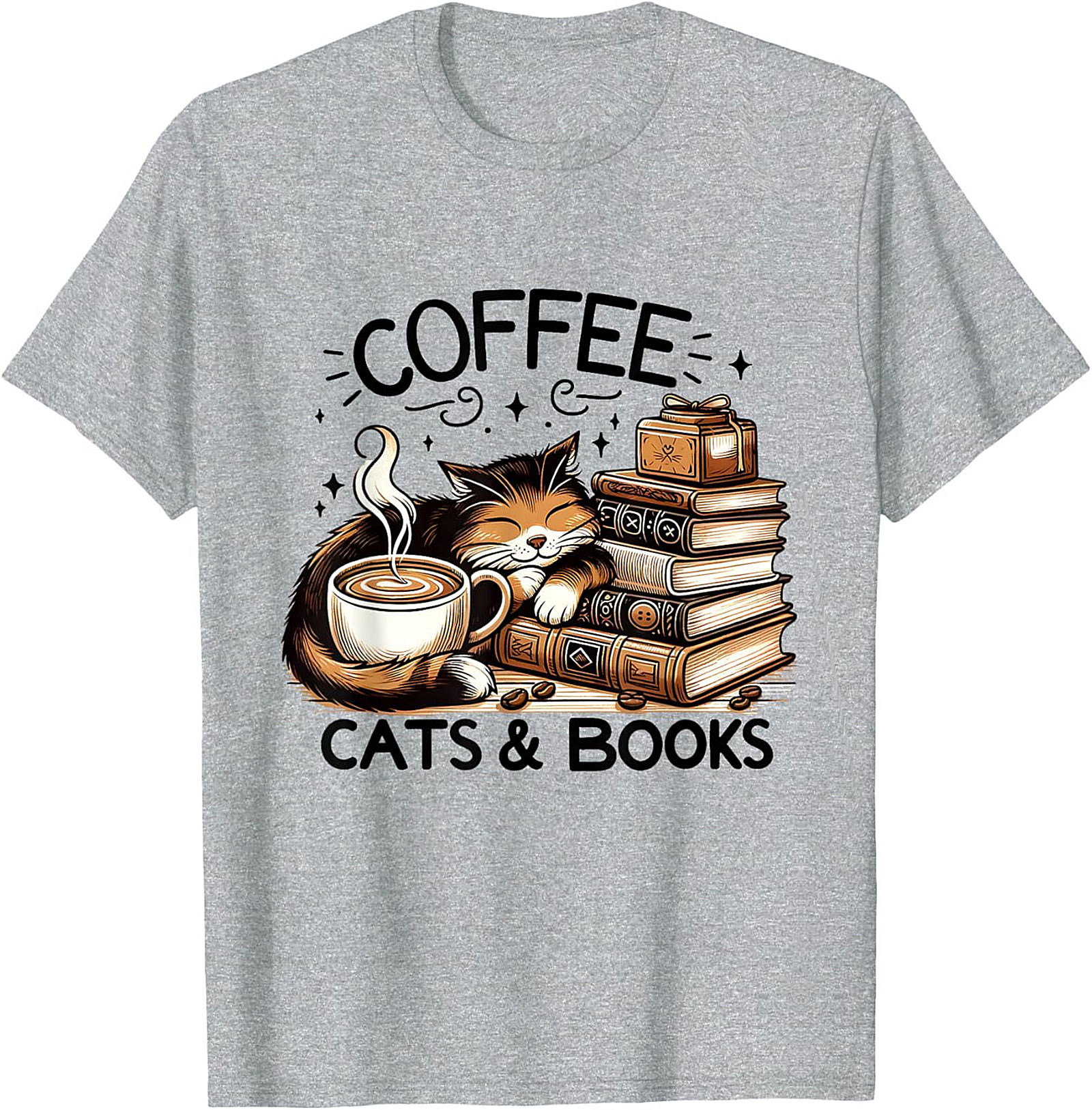Coffee Cats & Books T-shirt Cozy Calico Cat Graphic Tee