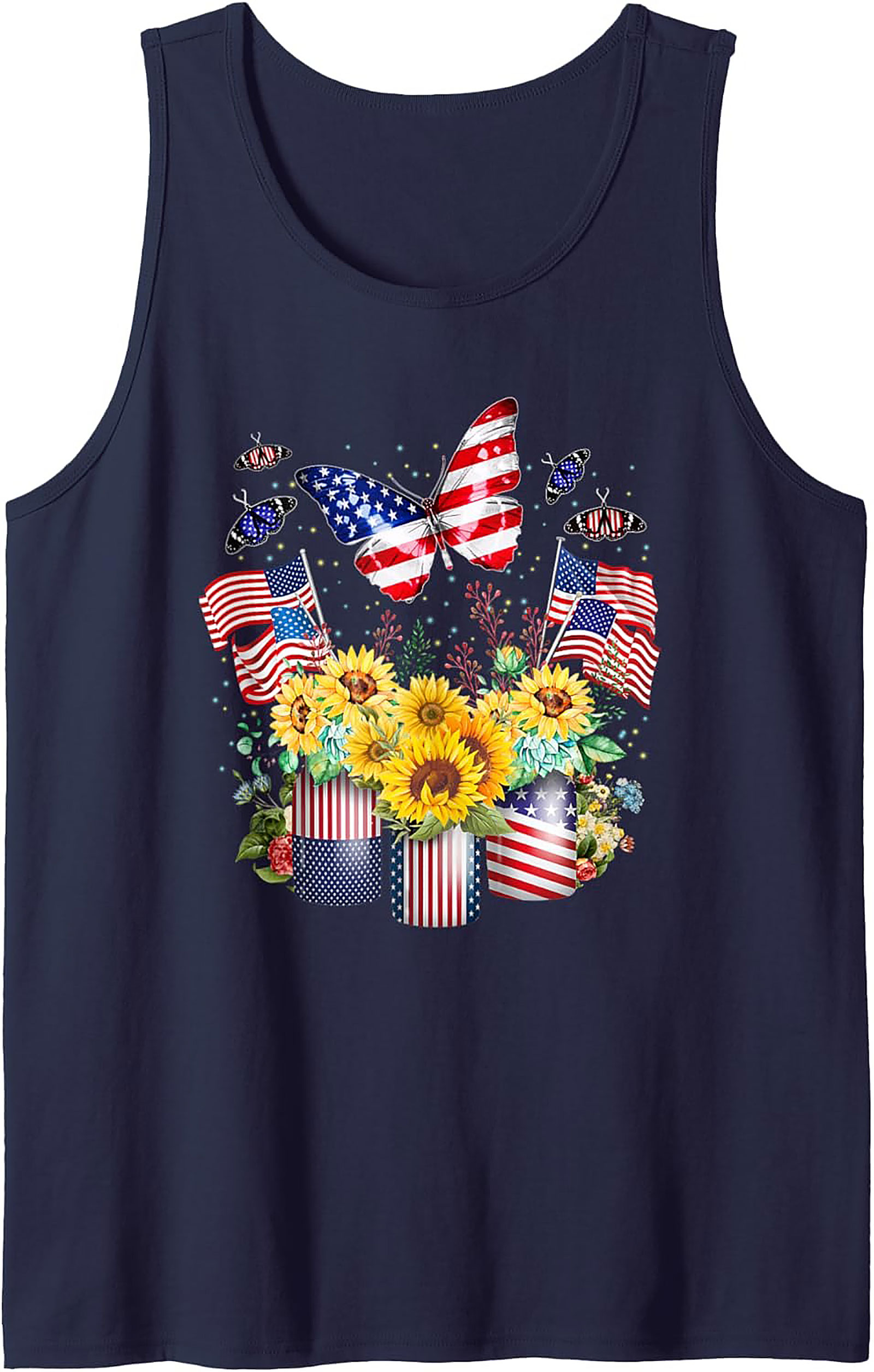 Patriotic Sunflower Butterfly Graphic Tank Top | Summer Wear