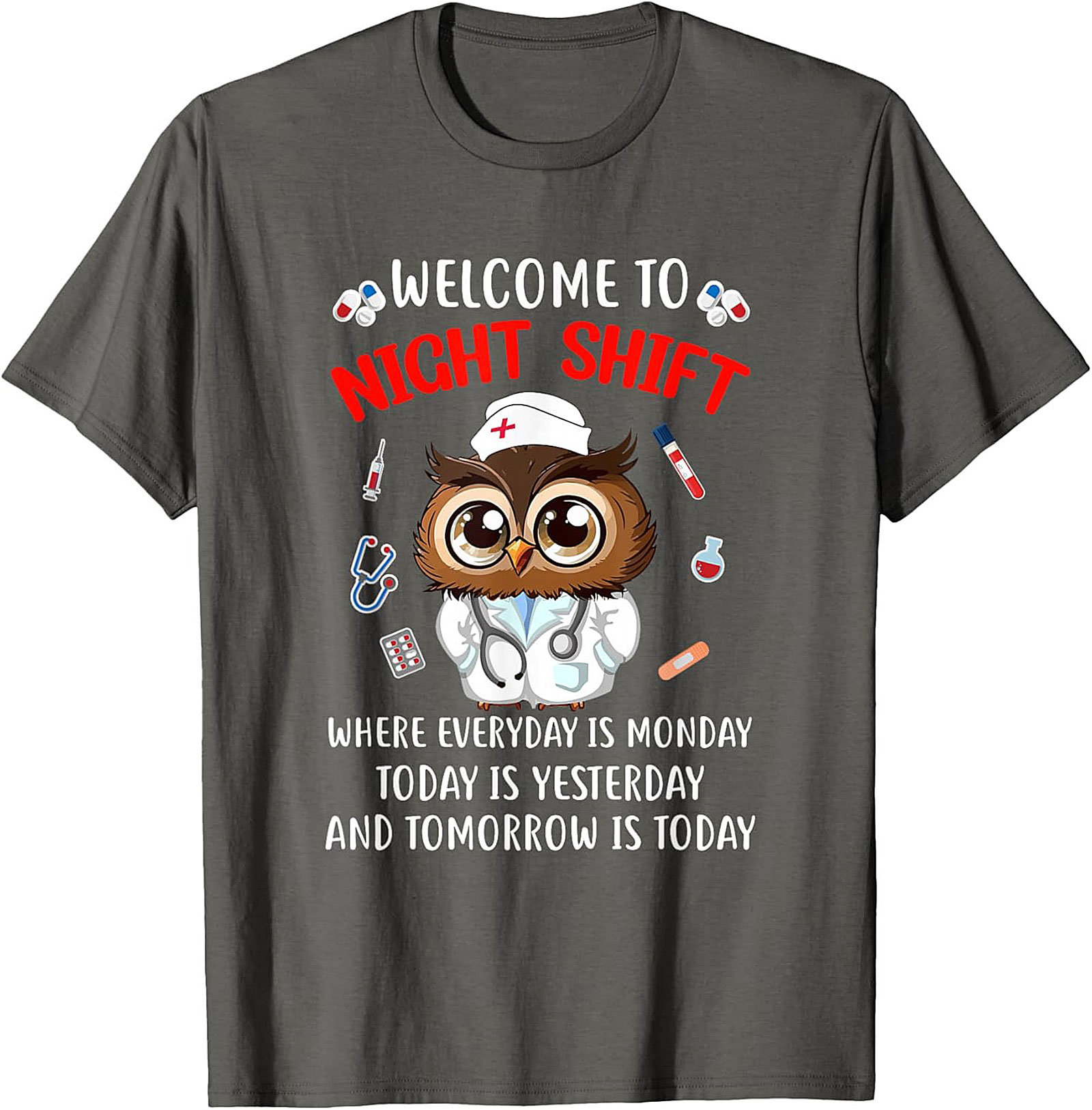 Funny Night Shift Owl Nurse T-Shirt Relatable Graphic Tee