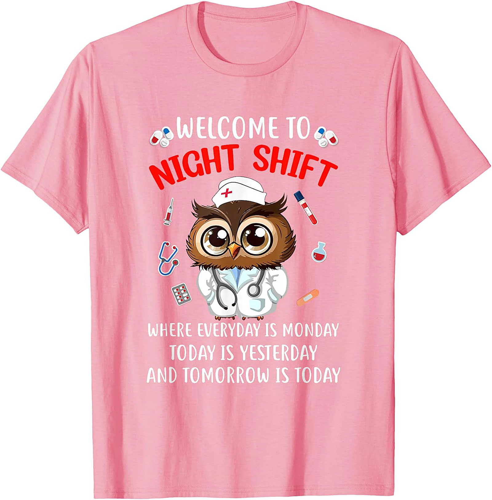 Funny Night Shift Owl Nurse T-Shirt Relatable Graphic Tee